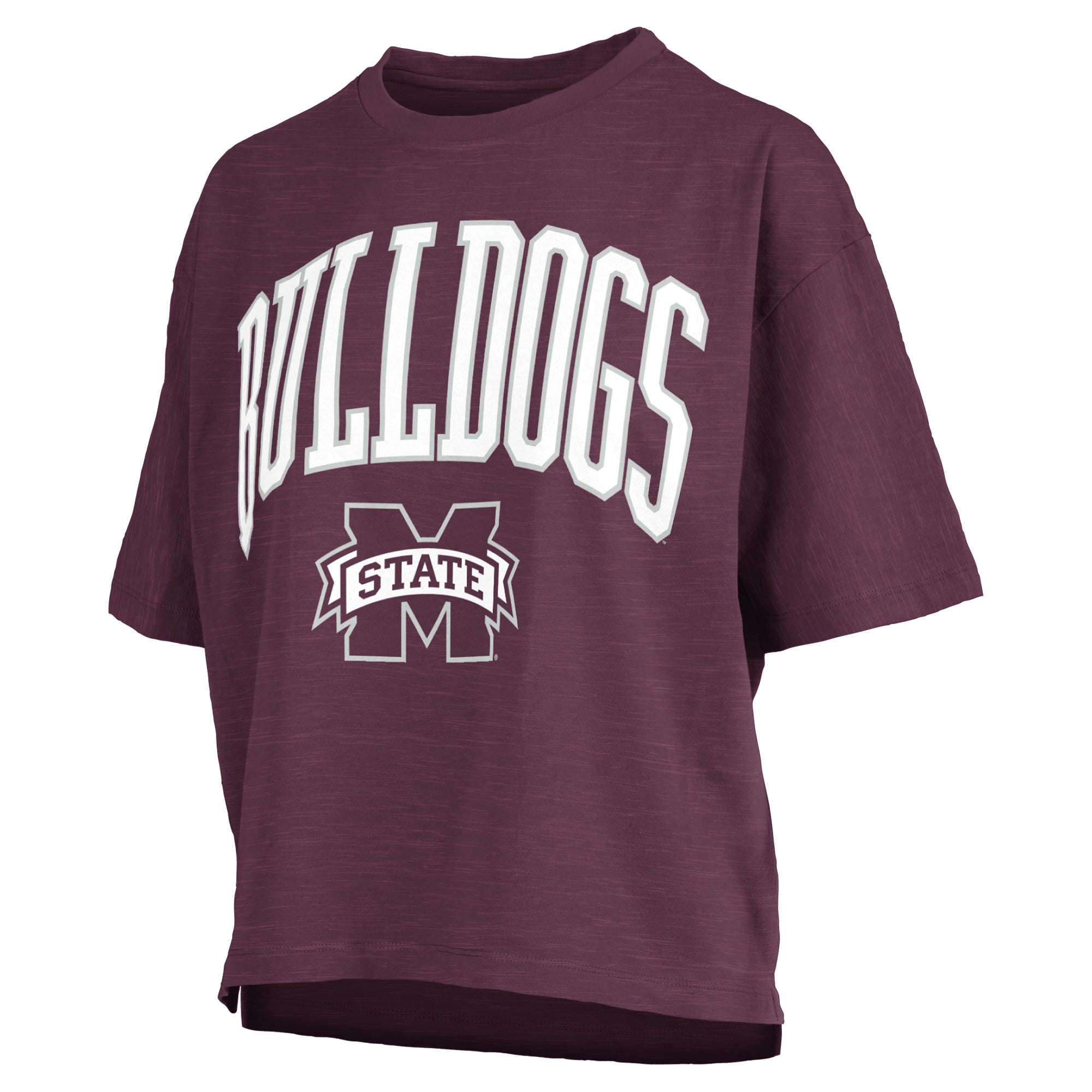 T-shirt oversize Pressbox Maroon Mississippi State Bulldogs pour femmes, logo Nelson Arch Over, en flammèche