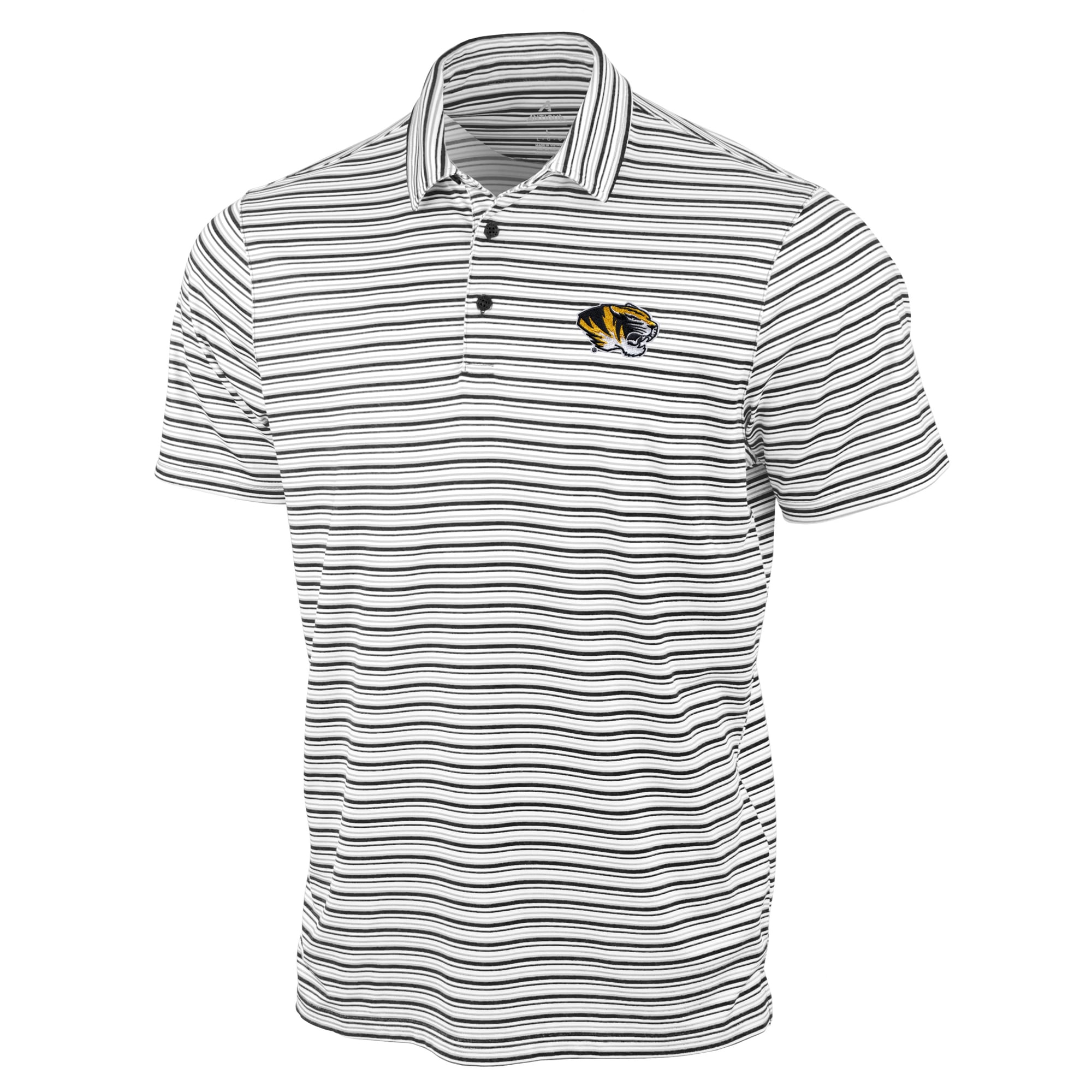 Men's Antigua Black Missouri Tigers Space Stripe Polo