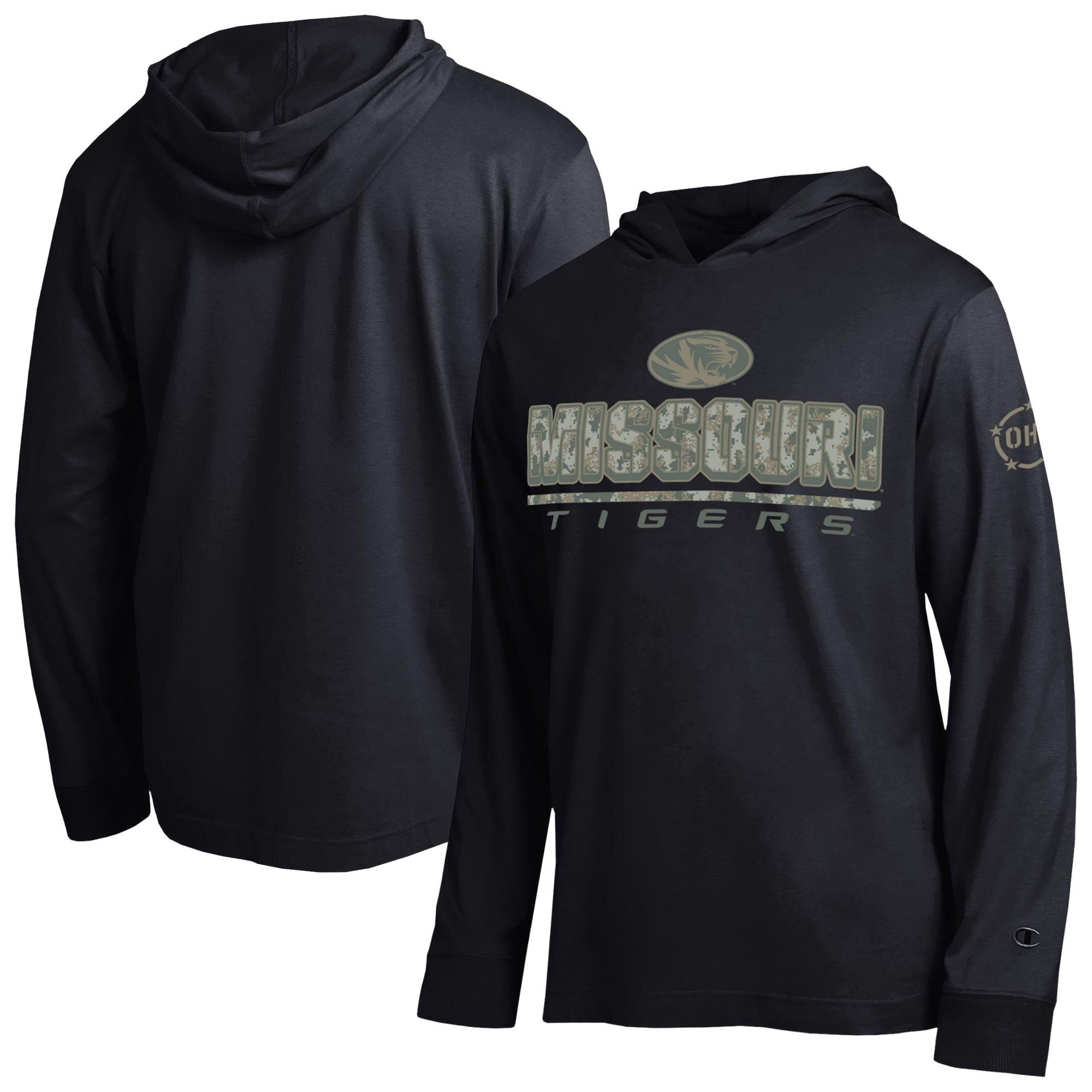 T-shirt à manches longues et capuche Champion Black Missouri Tigers Operation Hat Trick Camo Script pour homme