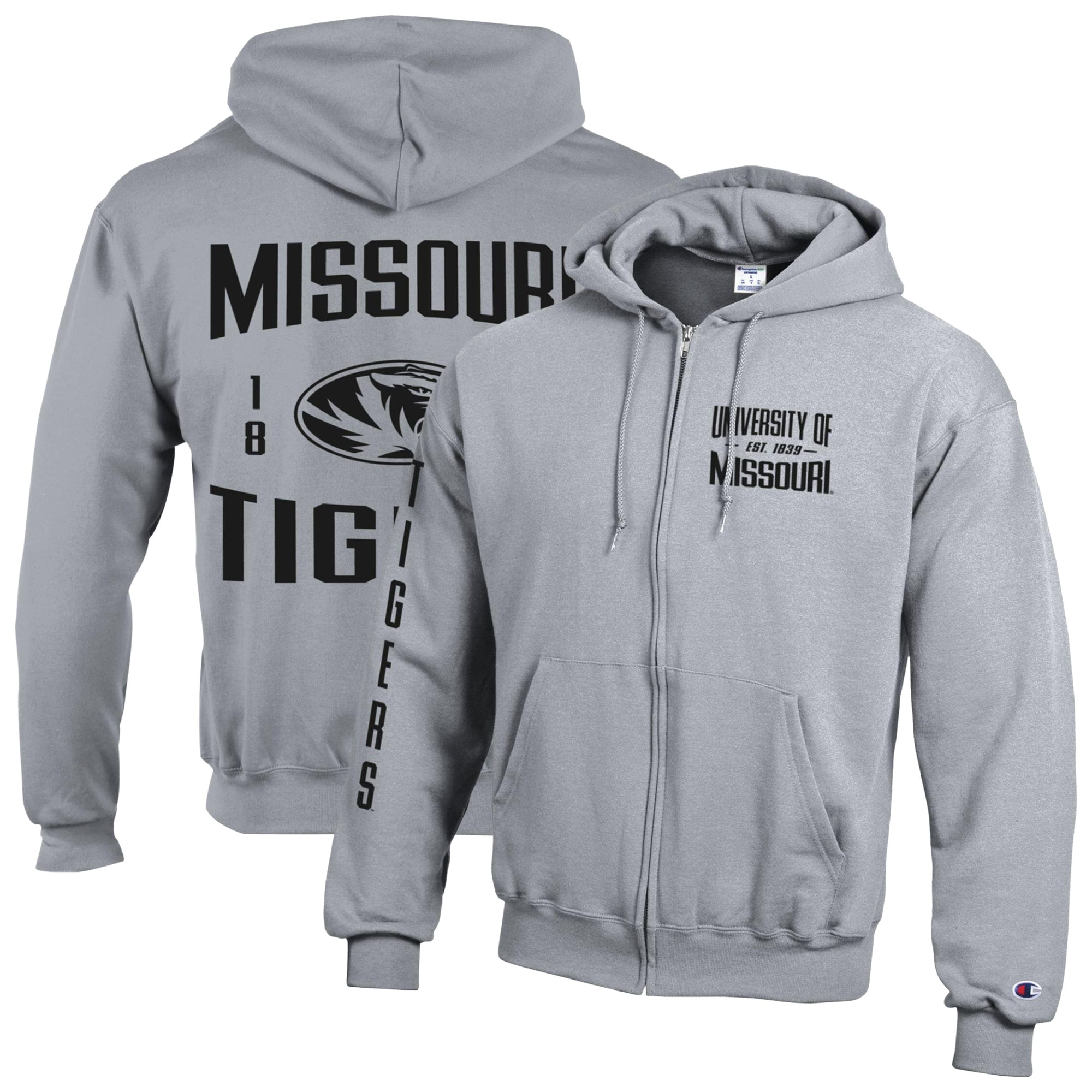 Men's Champion Heather Gray Missouri Tigers Varsity Powerblend Full-Zip Fleece Hoodie