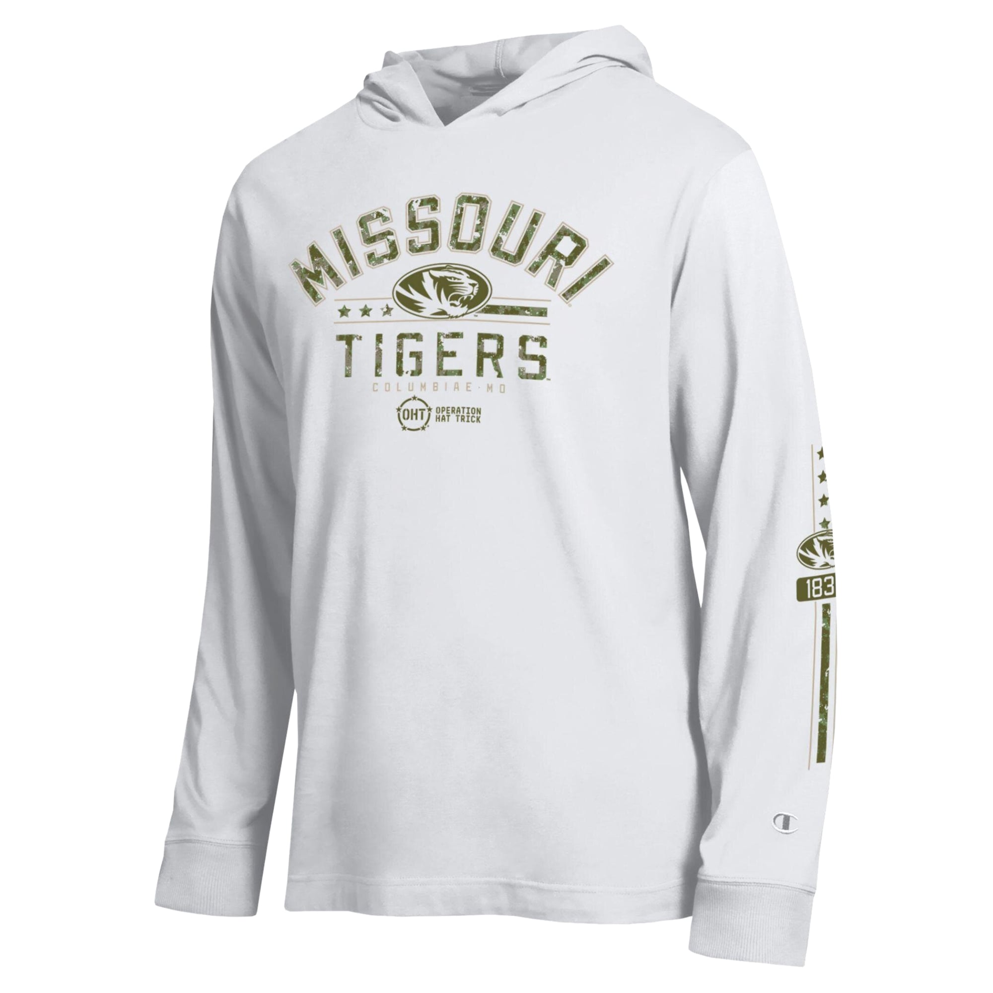 Men's Champion White Missouri Tigers Operation Hat Trick Sleeve Line Hooded Long T-Shirt
