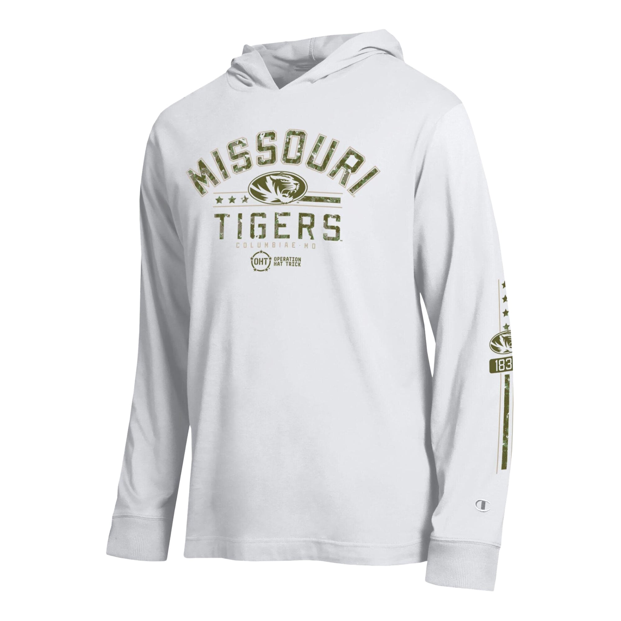 Men's Champion  White Missouri Tigers Operation Hat Trick Sleeve Line Hooded Long T-Shirt