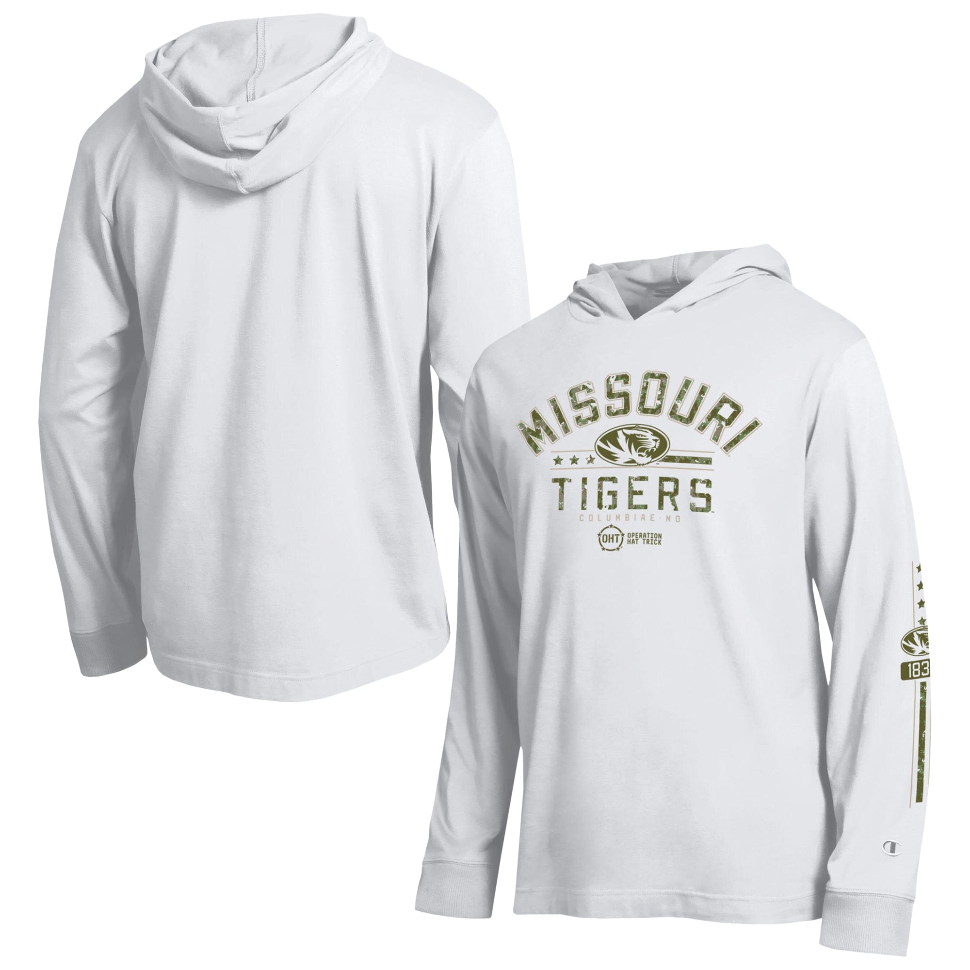 Men's Champion White Missouri Tigers Operation Hat Trick Sleeve Line Hooded Long T-Shirt
