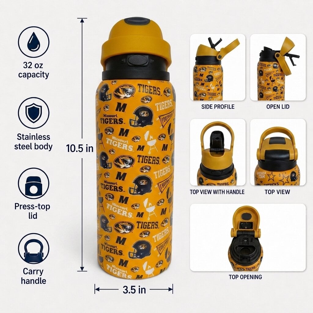 Gourde Pegasus Missouri Tigers 32 oz. Fanion de match en acier inoxydable ProPress