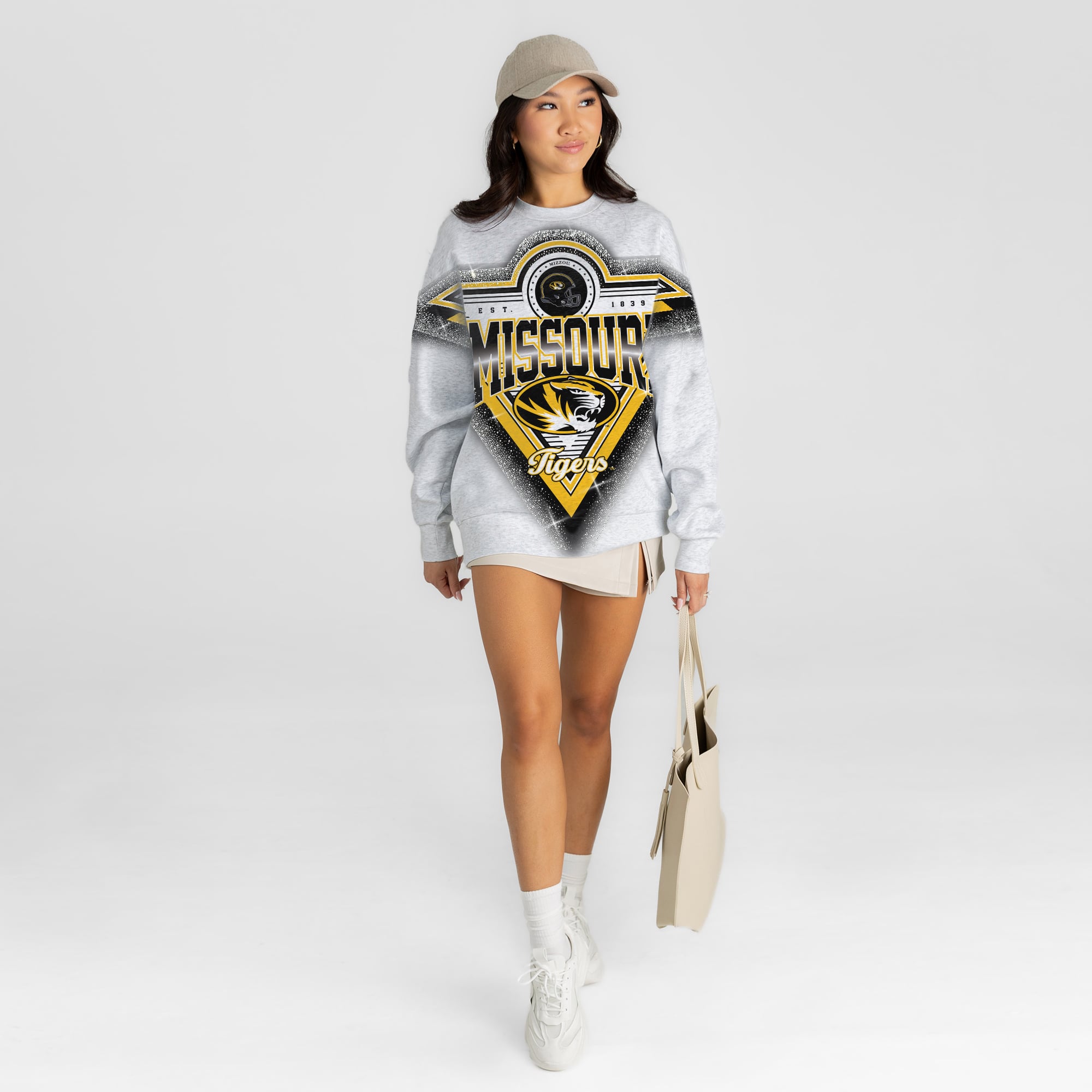 Women's Gameday Couture Gray Missouri Tigers Chasing Victory Rhinestone Spray Oversized Fleece Sweatshirt