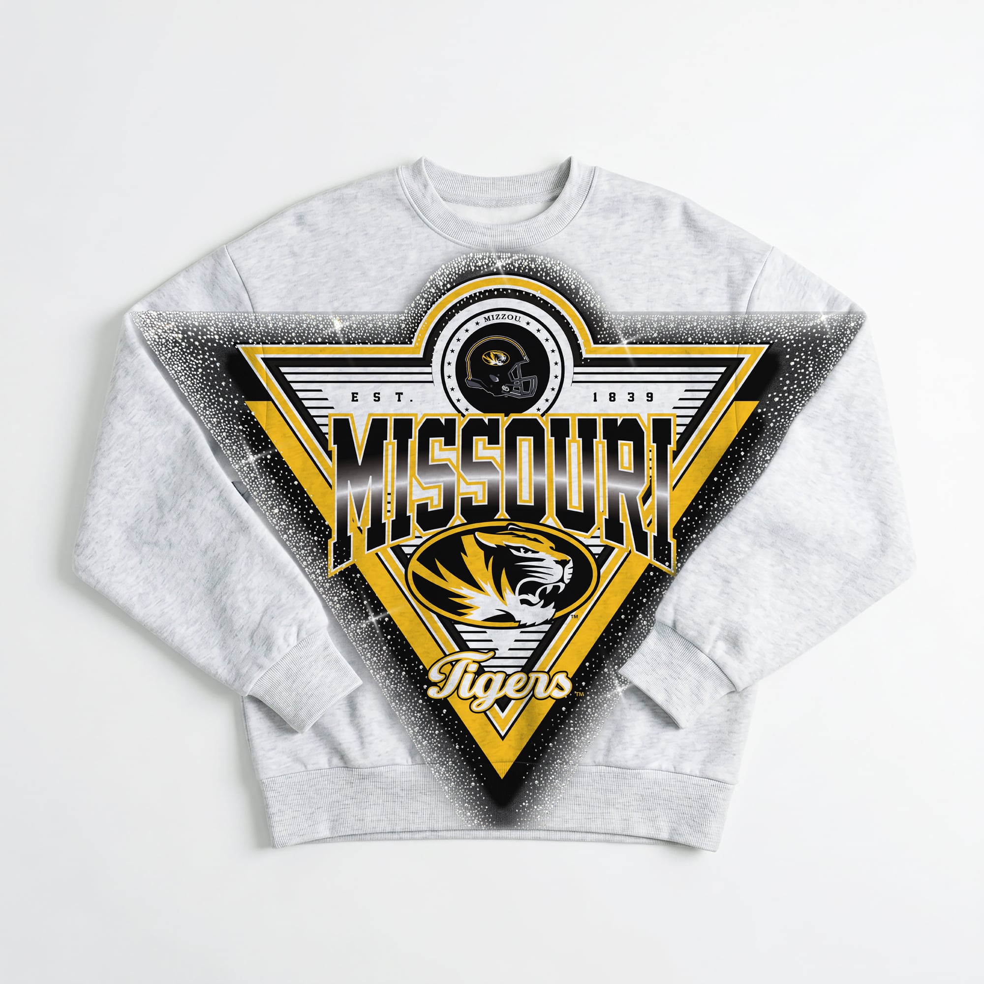 Women's Gameday Couture Gray Missouri Tigers Chasing Victory Rhinestone Spray Oversized Fleece Sweatshirt
