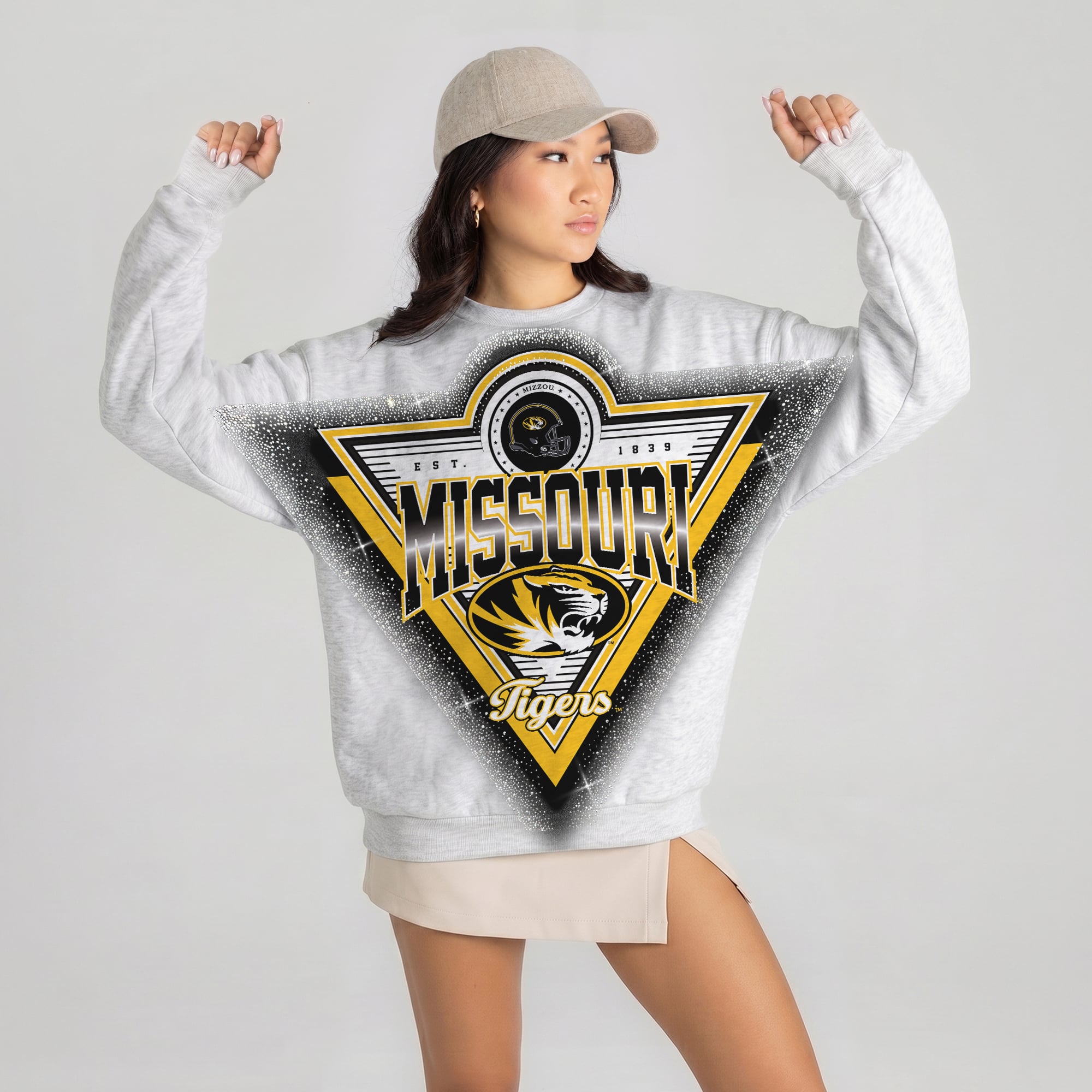 Women's Gameday Couture Gray Missouri Tigers Chasing Victory Rhinestone Spray Oversized Fleece Sweatshirt