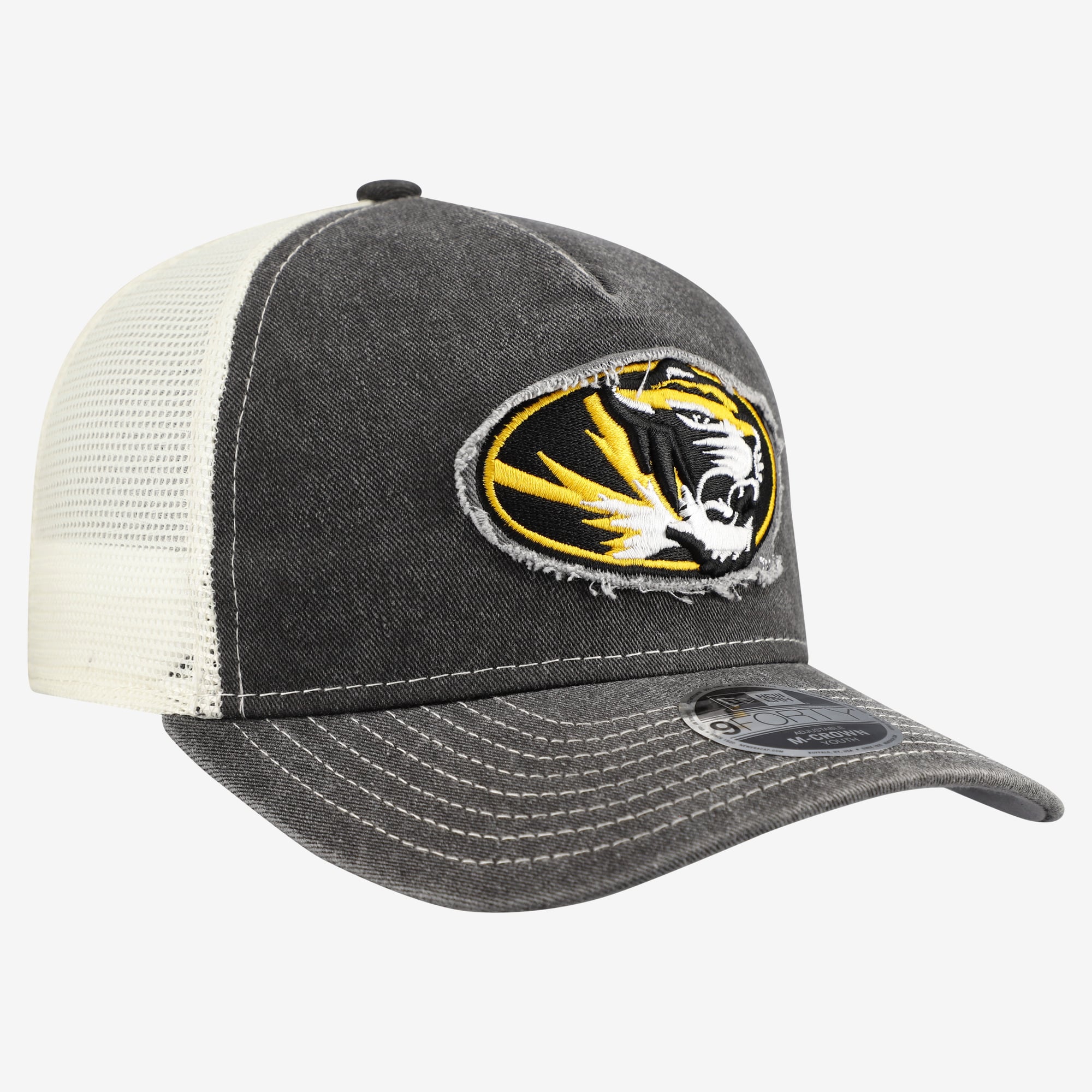 Casquette trucker rétro ajustable New Era 9FORTY Missouri Tigers noire pour jeunes, modèle A-Frame M-Crown, modèle A-Frame.