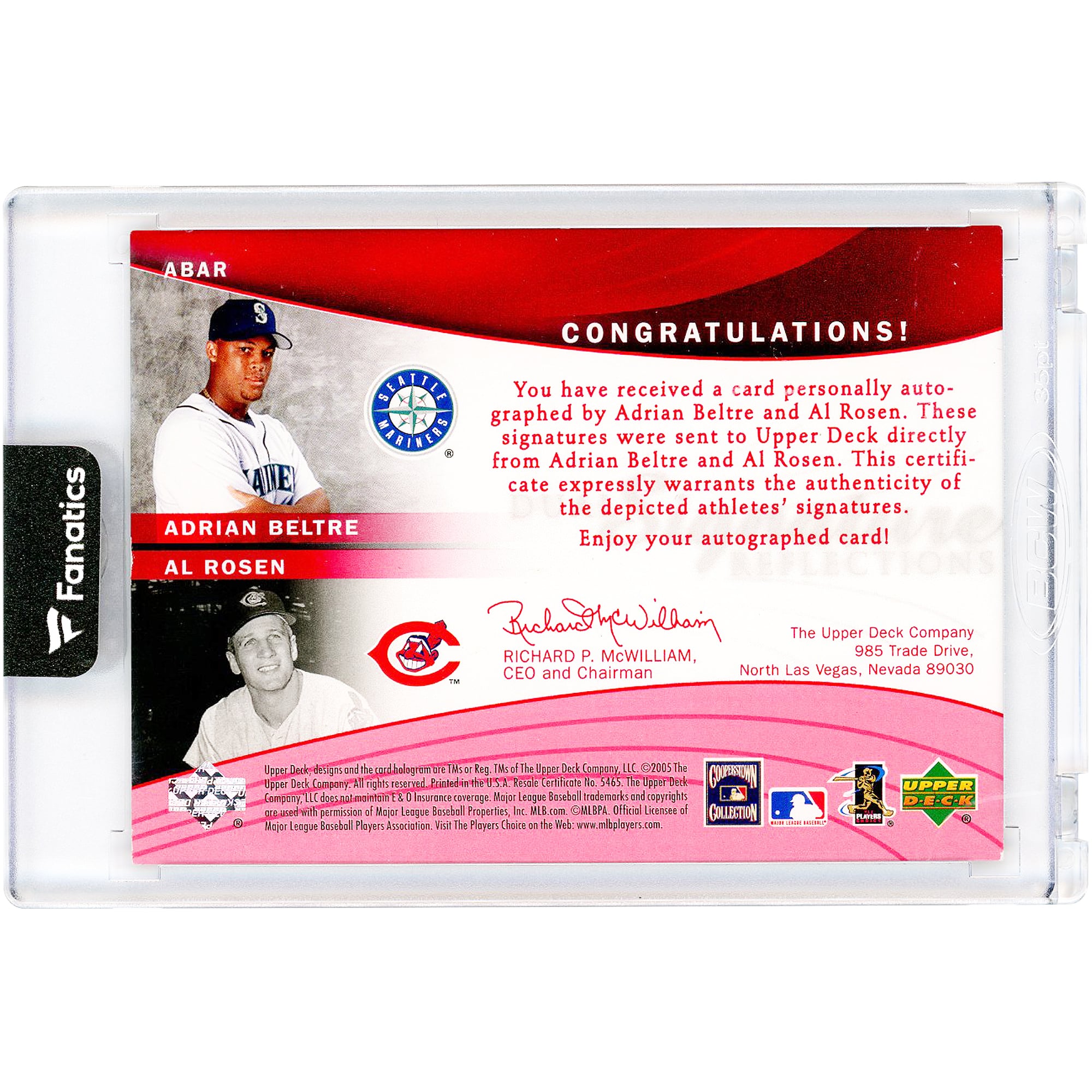 Carte Upper Deck Reflections 2005 à double signature autographiée par Adrian Beltre et Al Rosen #ABAR #46/99