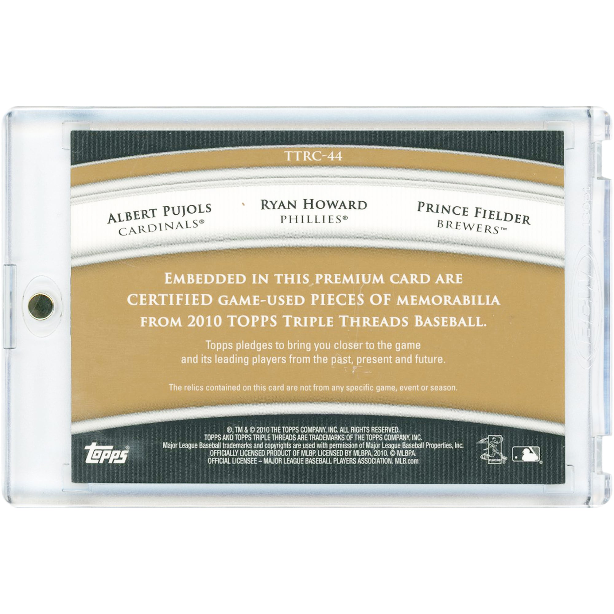 Carte 2010 Topps Triple Threads Triple Game Used Tri-Color Jersey Relics #TTRC-44 #17/27 d'Albert Pujols, Ryan Howard et Prince Fielder