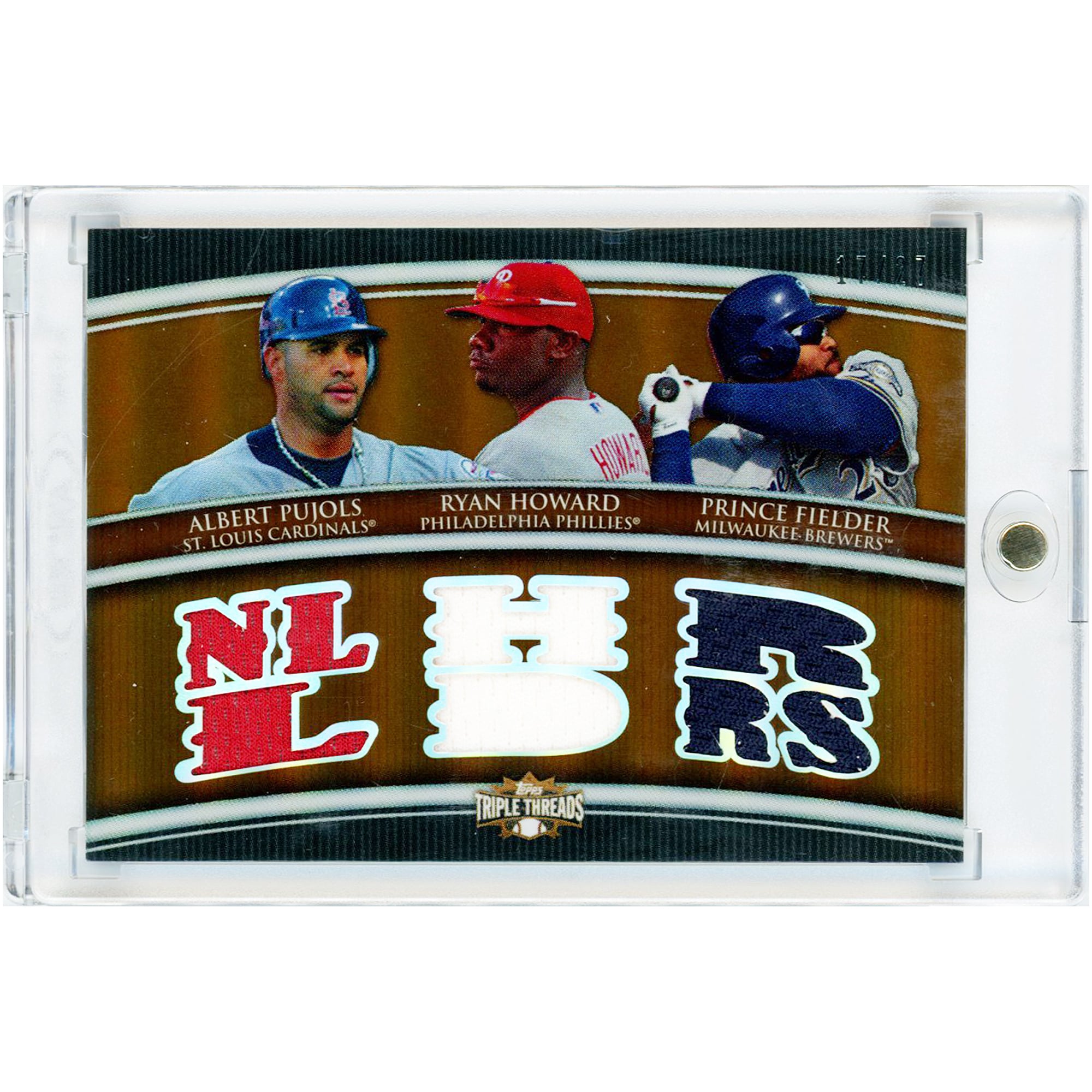 Carte 2010 Topps Triple Threads Triple Game Used Tri-Color Jersey Relics #TTRC-44 #17/27 d'Albert Pujols, Ryan Howard et Prince Fielder