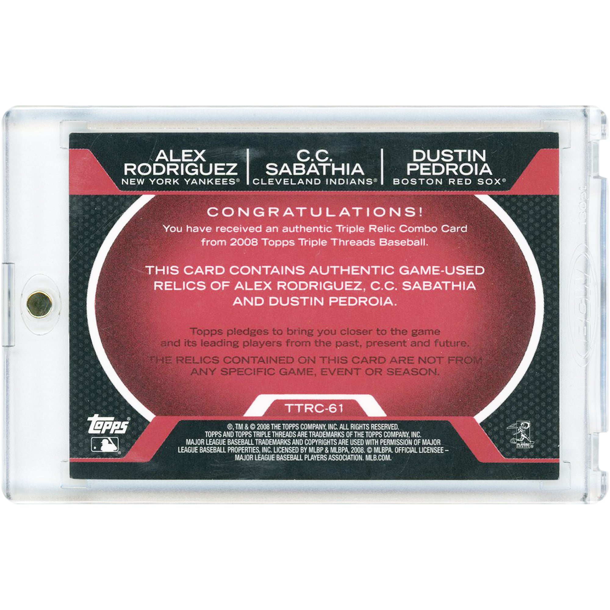 Alex Rodriguez, C.C. Sabathia et Dustin Pedroia, carte Topps Triple Threads 2008, reliques de battes utilisées en match, n° TTRC-61, n° 29/36
