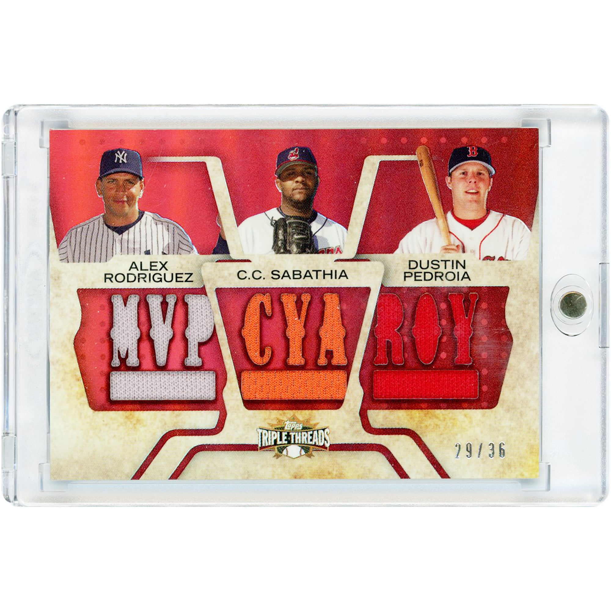 Alex Rodriguez, C.C. Sabathia et Dustin Pedroia, carte Topps Triple Threads 2008, reliques de battes utilisées en match, n° TTRC-61, n° 29/36