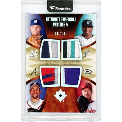 Ben Sheets, Dontrelle Willis, John Smoltz & Randy Johnson 2007 Upper Deck Ultimate Collection Ultimate Ensemble Patches Quad 9 Color Game Used Jersey Relics #EP-SWSJ #6/10 Card