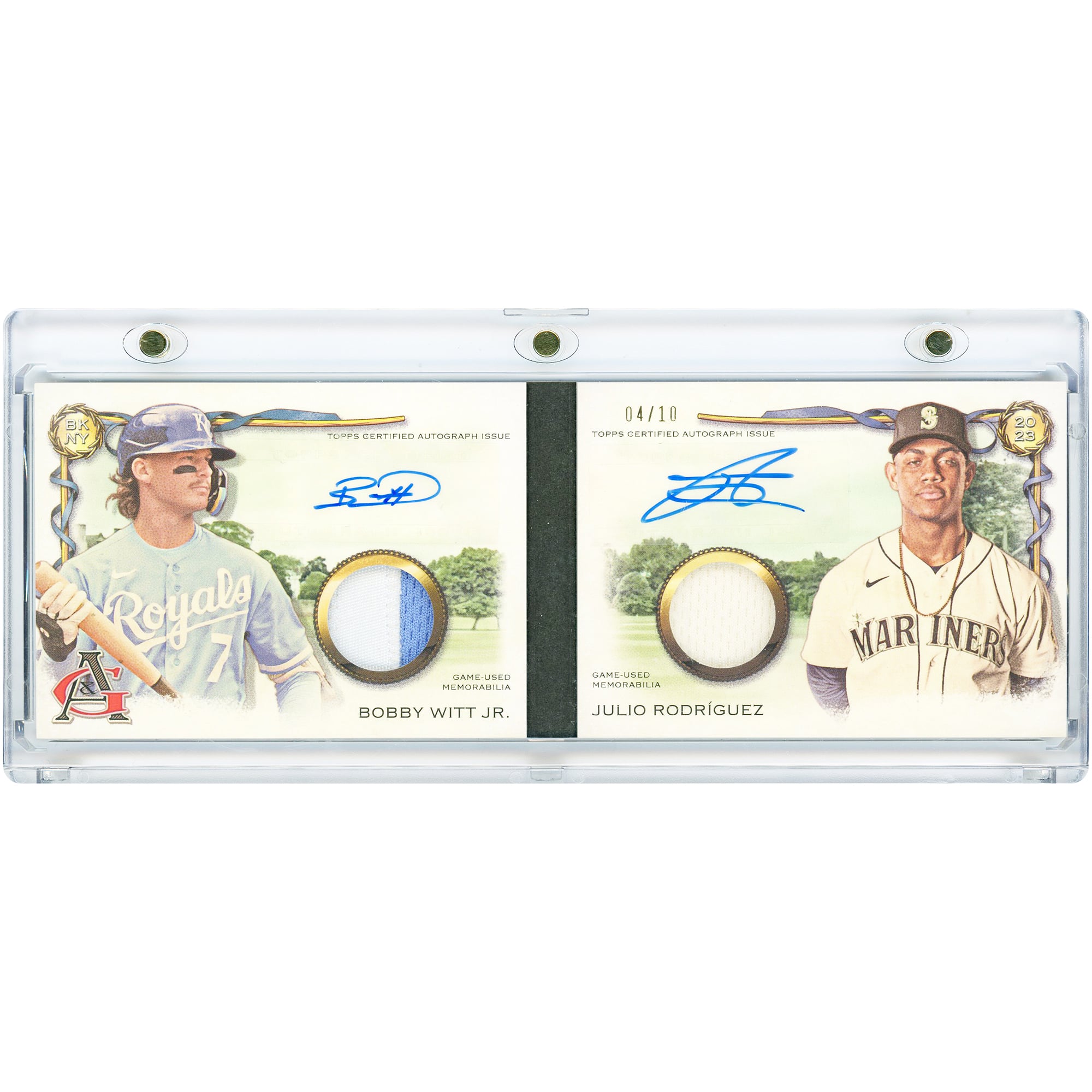 Bobby Witt Jr. & Julio Rodriguez Autographed 2023 Topps Allen & Ginter Dual Autographed/Game Used Dual-Color Jersey Relics #DARBC-WR #4/10 Card