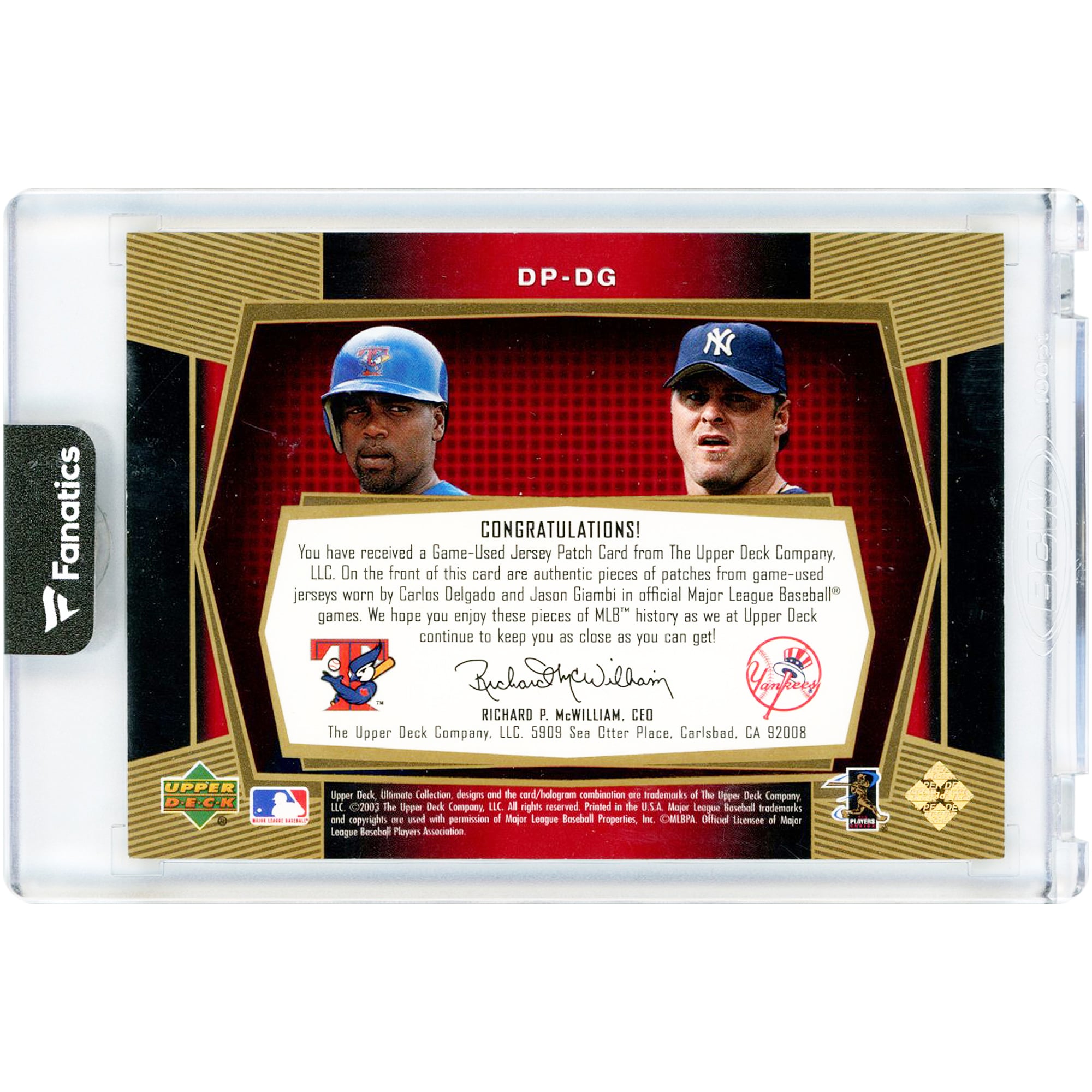 Carlos Delgado & Jason Giambi 2003 Upper Deck Ultimate Collection Dual Patch Game Used Tri-Color Jersey Relics #DP-DG #26/35