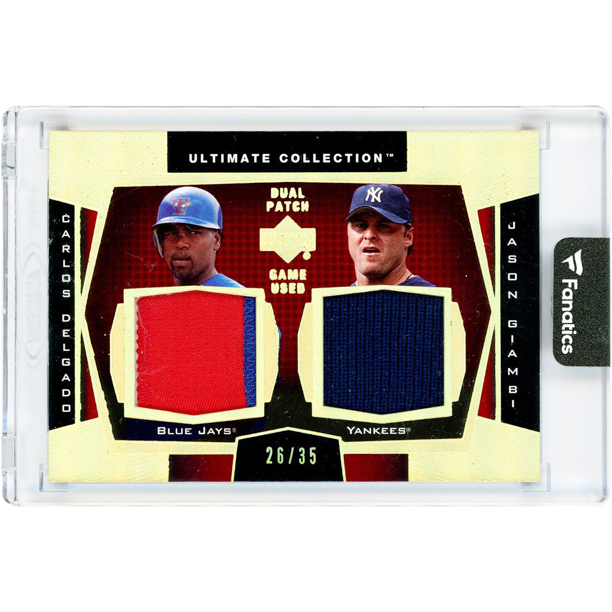 Carlos Delgado & Jason Giambi 2003 Upper Deck Ultimate Collection Dual Patch Game Used Tri-Color Jersey Relics #DP-DG #26/35