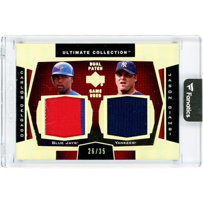 Carlos Delgado & Jason Giambi 2003 Upper Deck Ultimate Collection Dual Patch Game Used Tri-Color Jersey Relics #DP-DG #26/35 Card