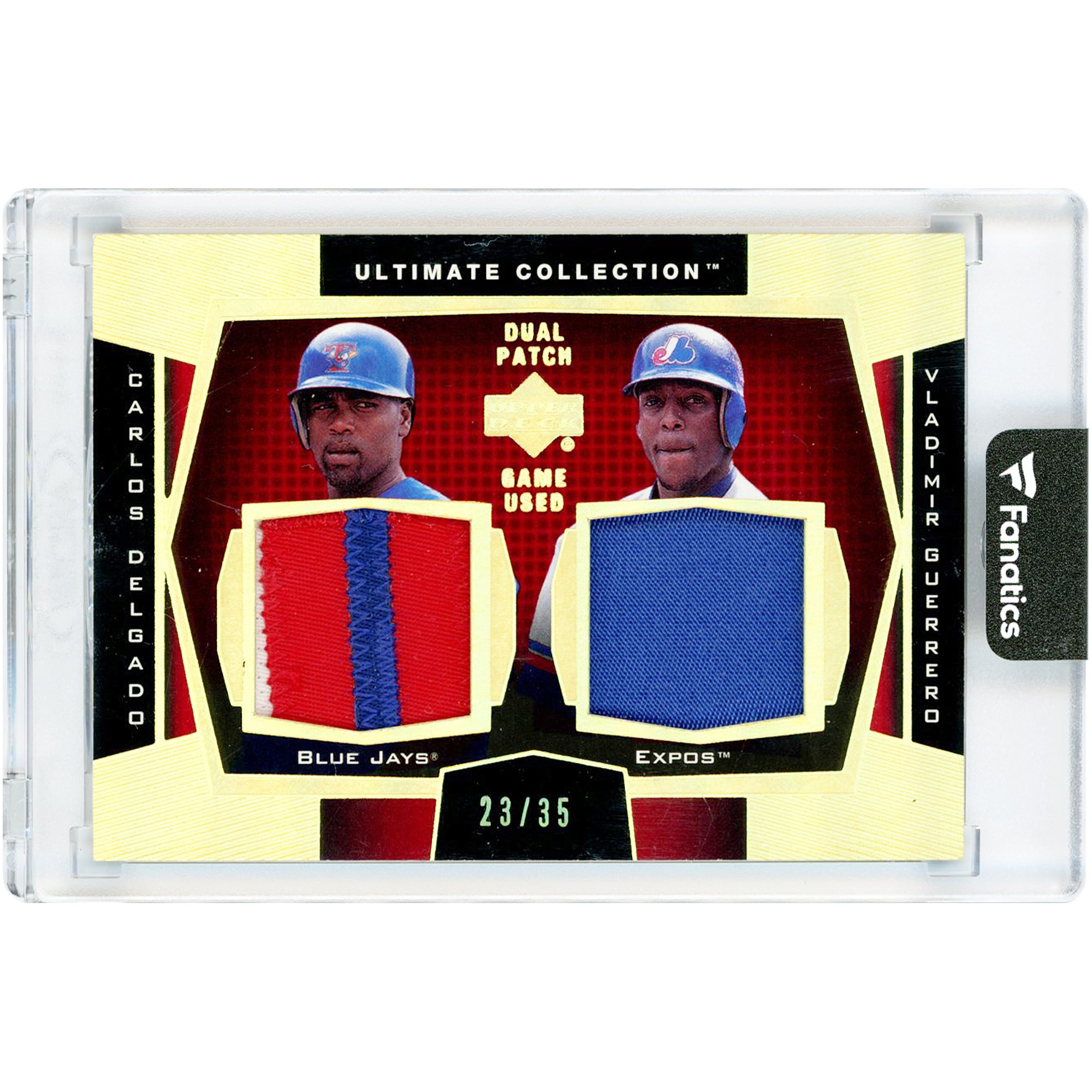 Carlos Delgado & Vladimir Guerrero 2003 Upper Deck Ultimate Collection Dual Patch Game Used Tri-Color Jersey Relics #DP-CV #23/35