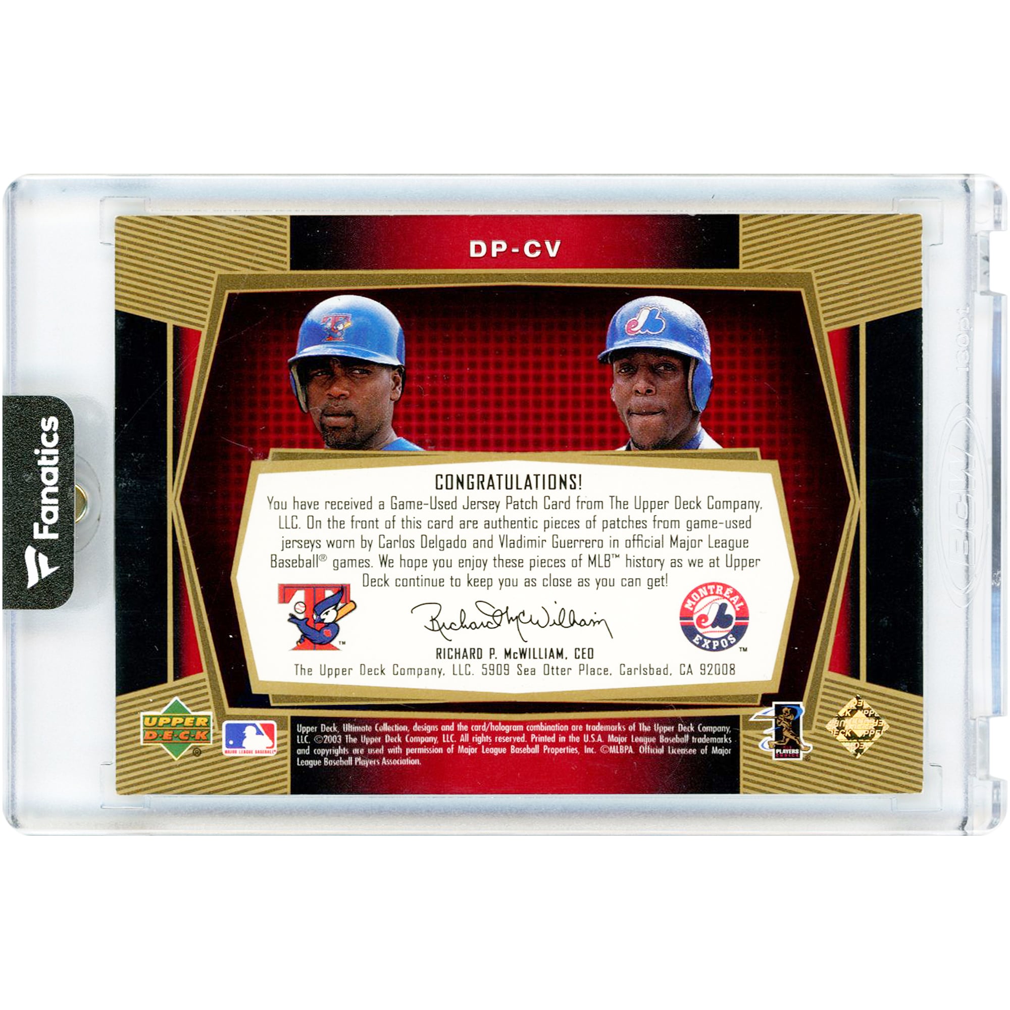 Carlos Delgado & Vladimir Guerrero 2003 Upper Deck Ultimate Collection Dual Patch Game Used Tri-Color Jersey Relics #DP-CV #23/35