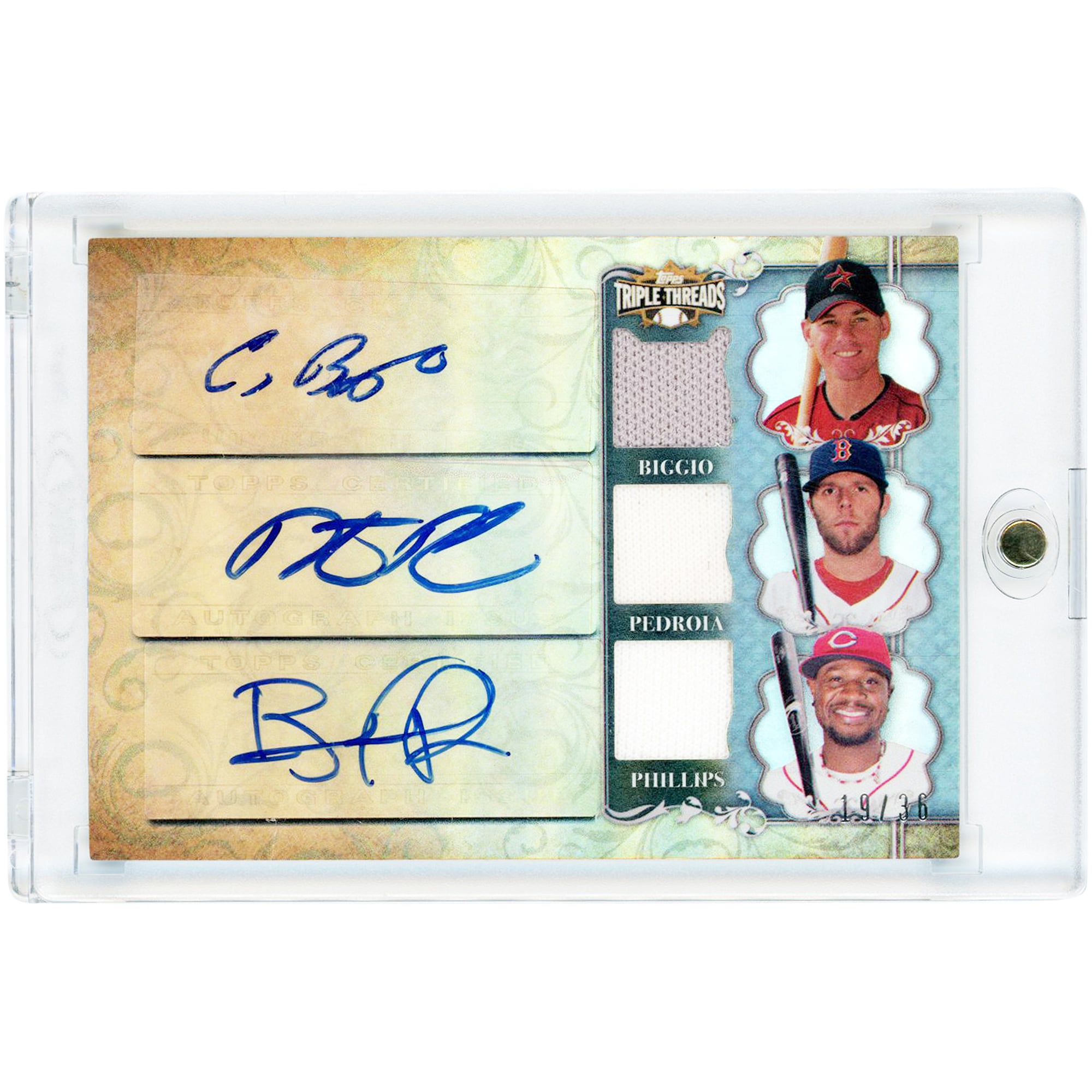 Carte 2013 Topps Triple Threads Combo Triple Game Used Dual-Color Jersey Relics autographiée par Craig Biggio, Dustin Pedroia et Brandon Phillips #TTARC-BPP #19/36