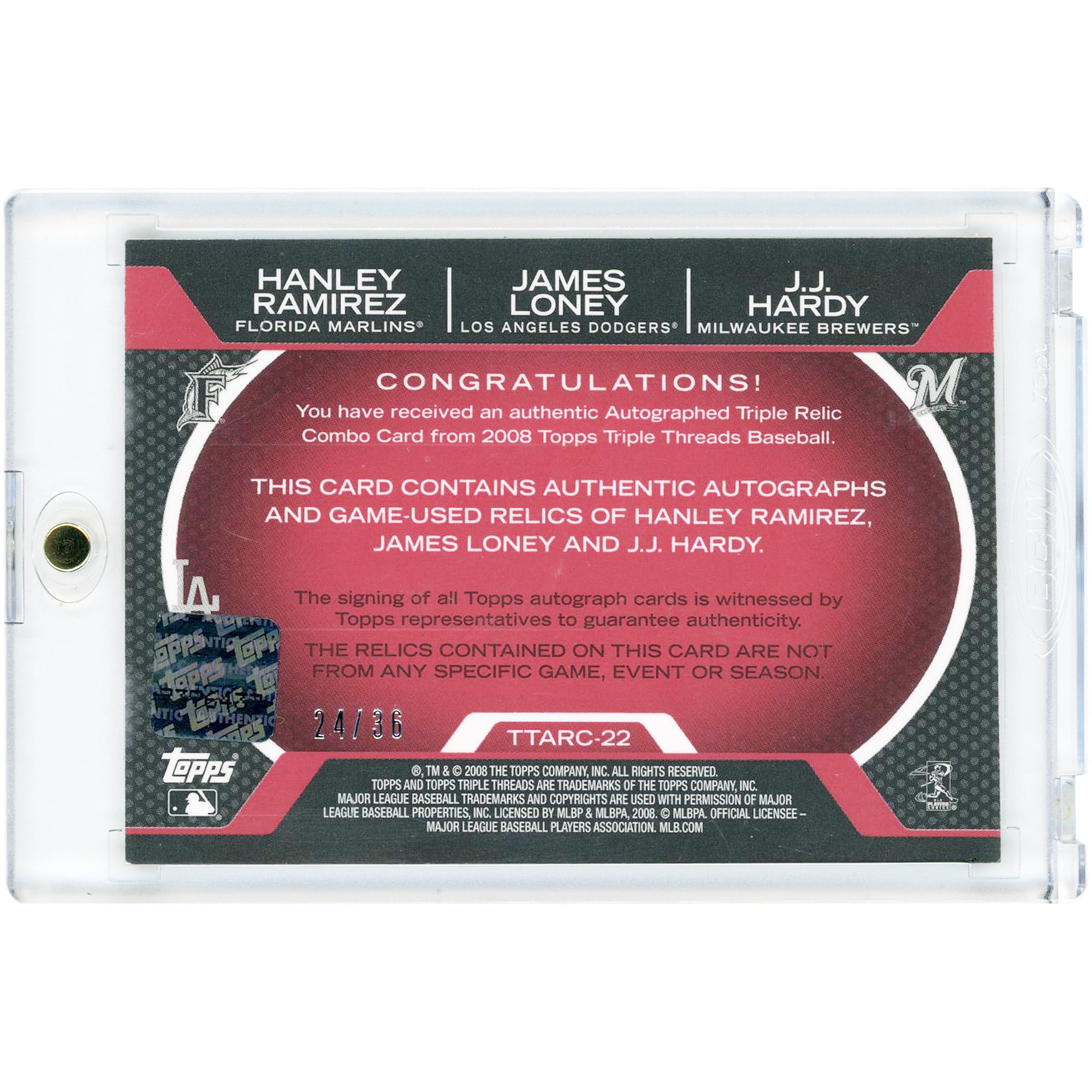 Carte Topps Triple Threads 2008 autographiée avec des reliques de maillots portés en match #TTARC-22 #24/36