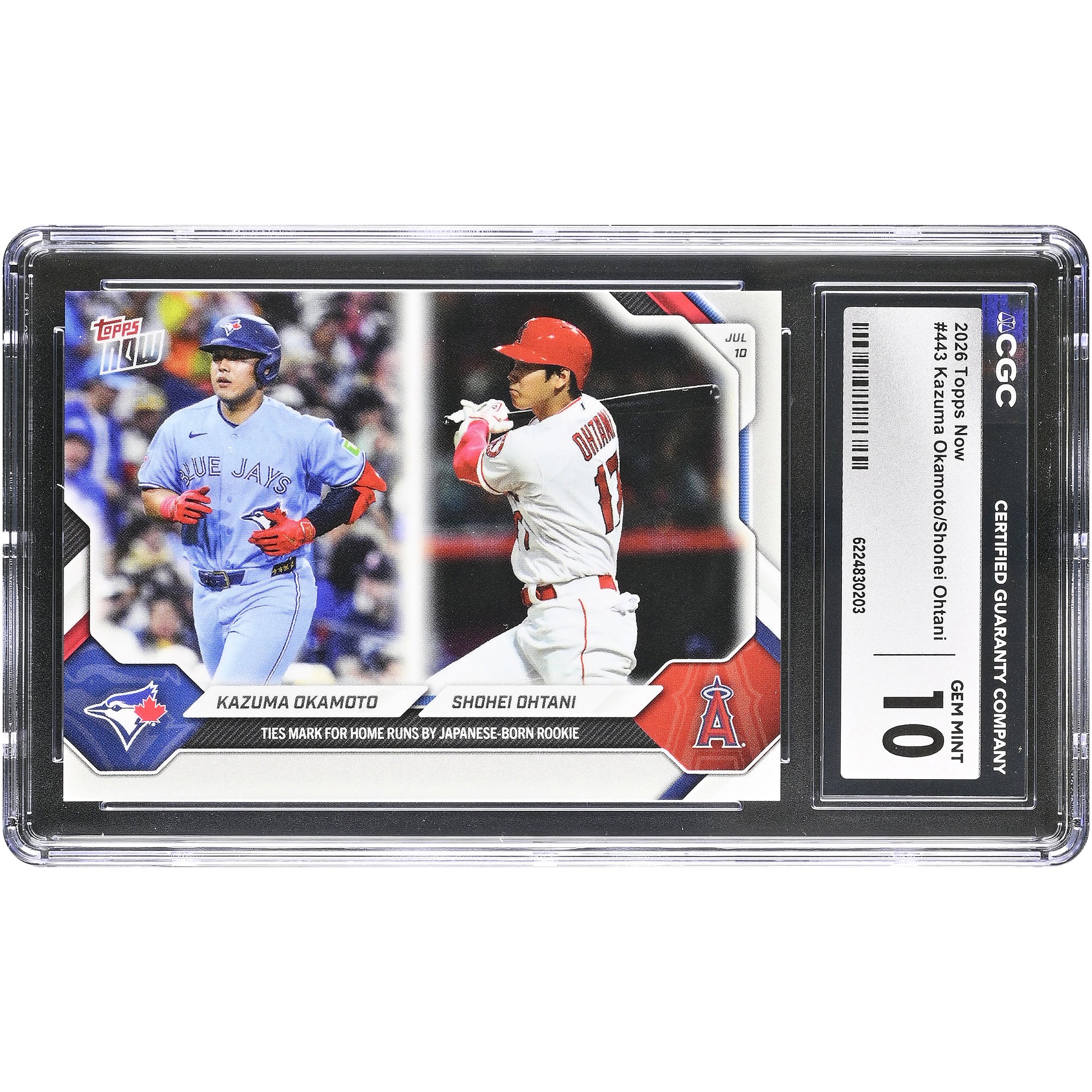 Kazuma Okamoto et Shohei Ohtani, carte Topps Now 2026, égalent le record de home runs pour une recrue japonaise (n° 443), authentifiée CGC, état neuf (GEM MINT 10).