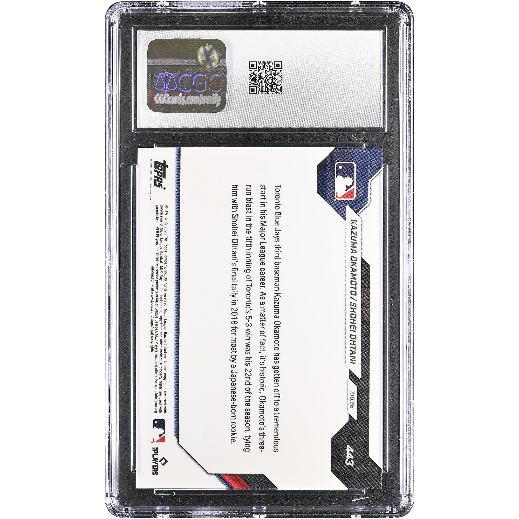 Kazuma Okamoto et Shohei Ohtani, carte Topps Now 2026, égalent le record de home runs pour une recrue japonaise (n° 443). Authentifiée CGC, état neuf+ (9,5).