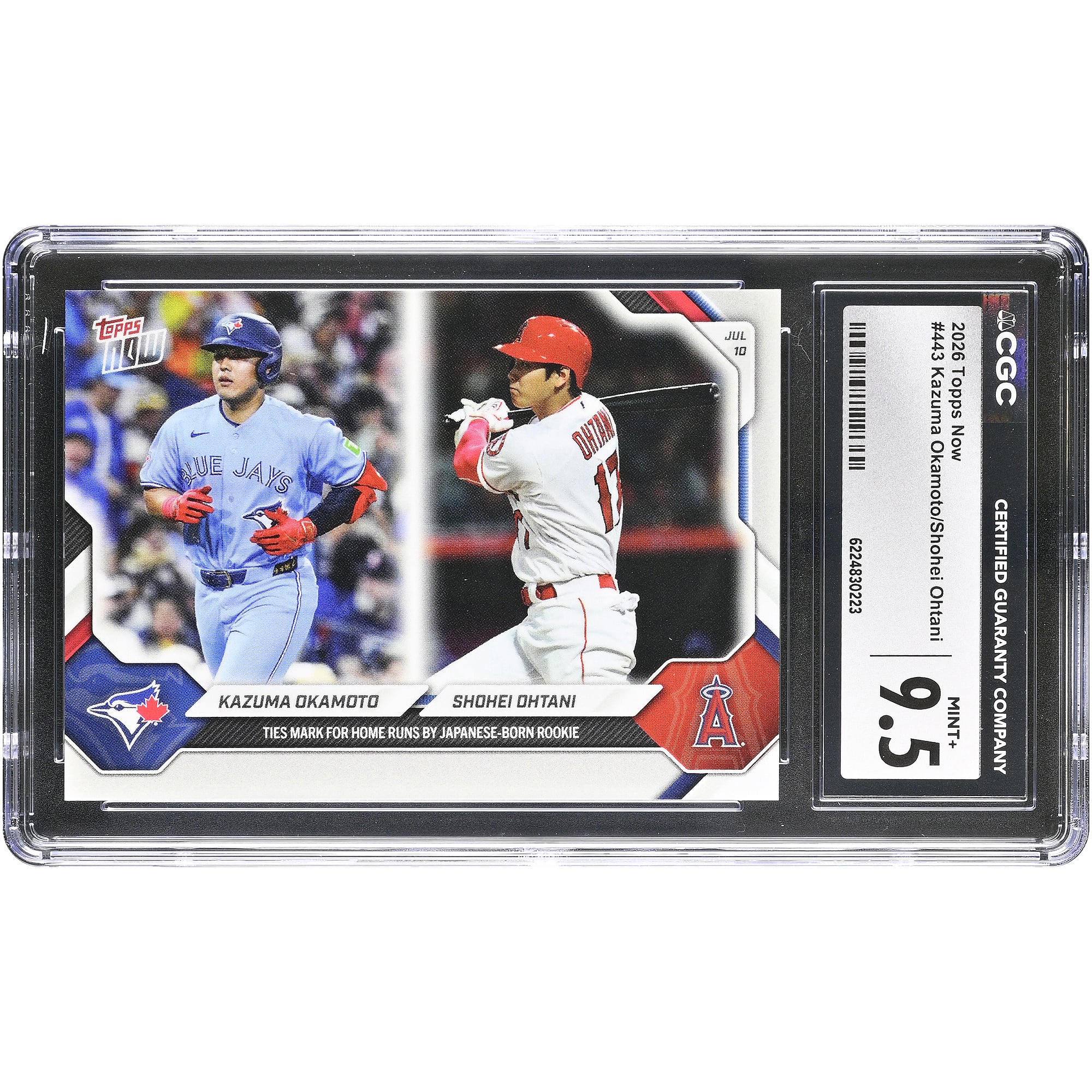 Kazuma Okamoto et Shohei Ohtani, carte Topps Now 2026, égalent le record de home runs pour une recrue japonaise (n° 443). Authentifiée CGC, état neuf+ (9,5).