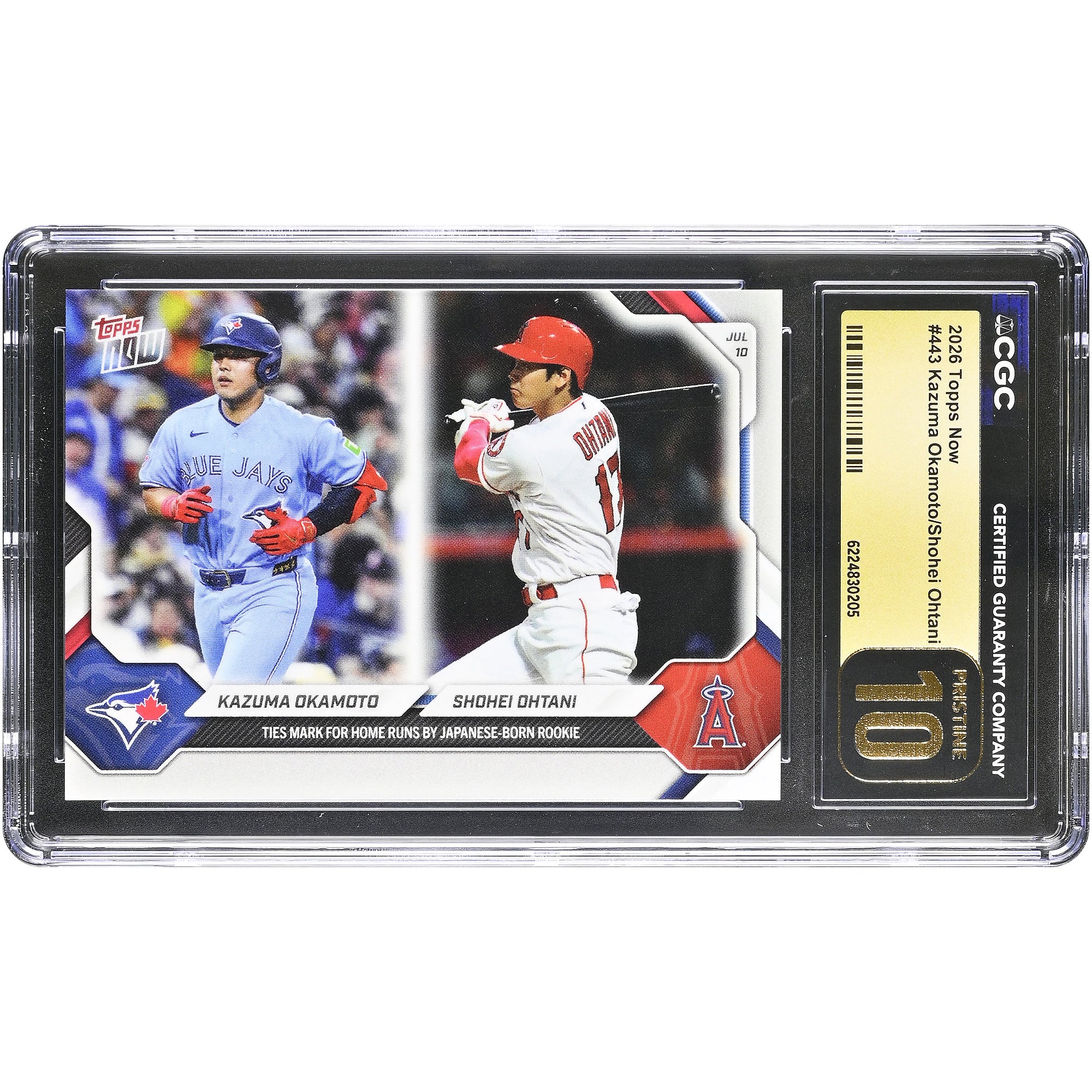 Kazuma Okamoto et Shohei Ohtani, carte Topps Now 2026, égalent le record de home runs pour une recrue japonaise (n° 443). Authentifiée CGC, état PRISTINE 10.