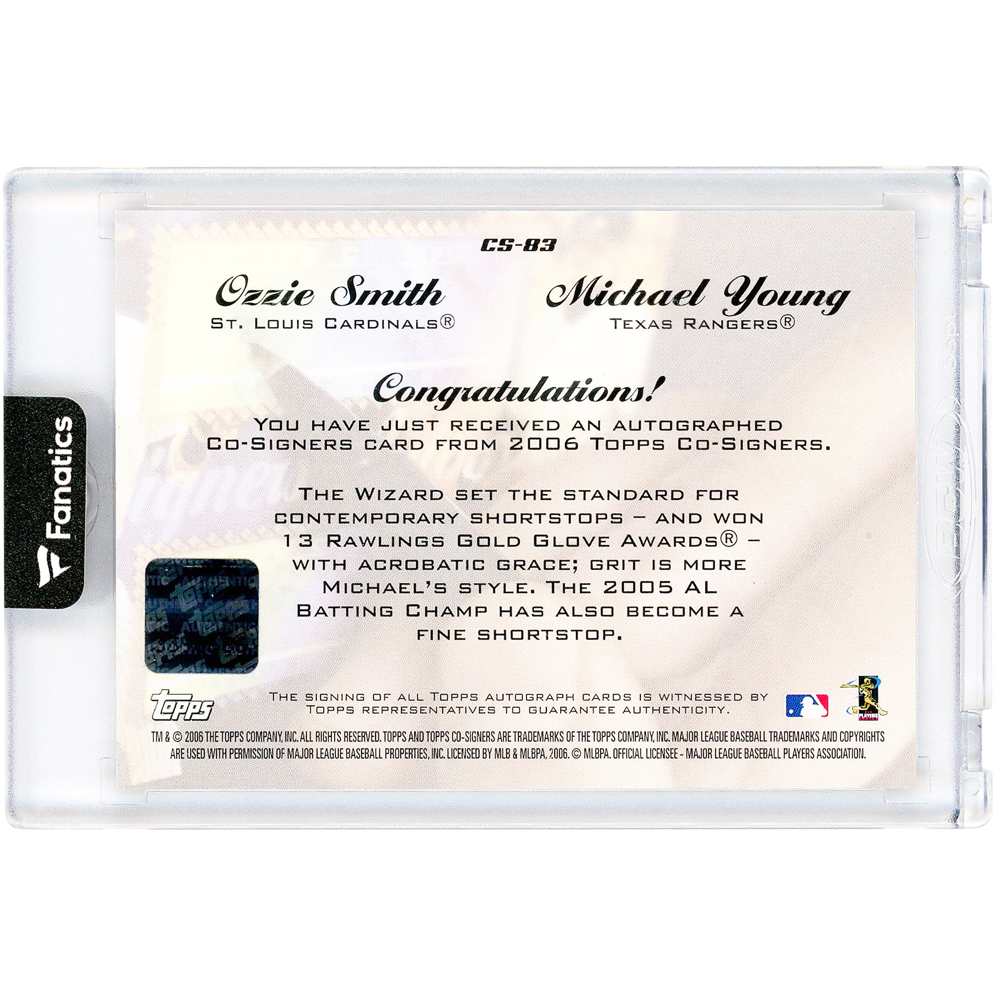 Carte Topps 2006 signée par Michael Young et Ozzie Smith (n° CS-83)
