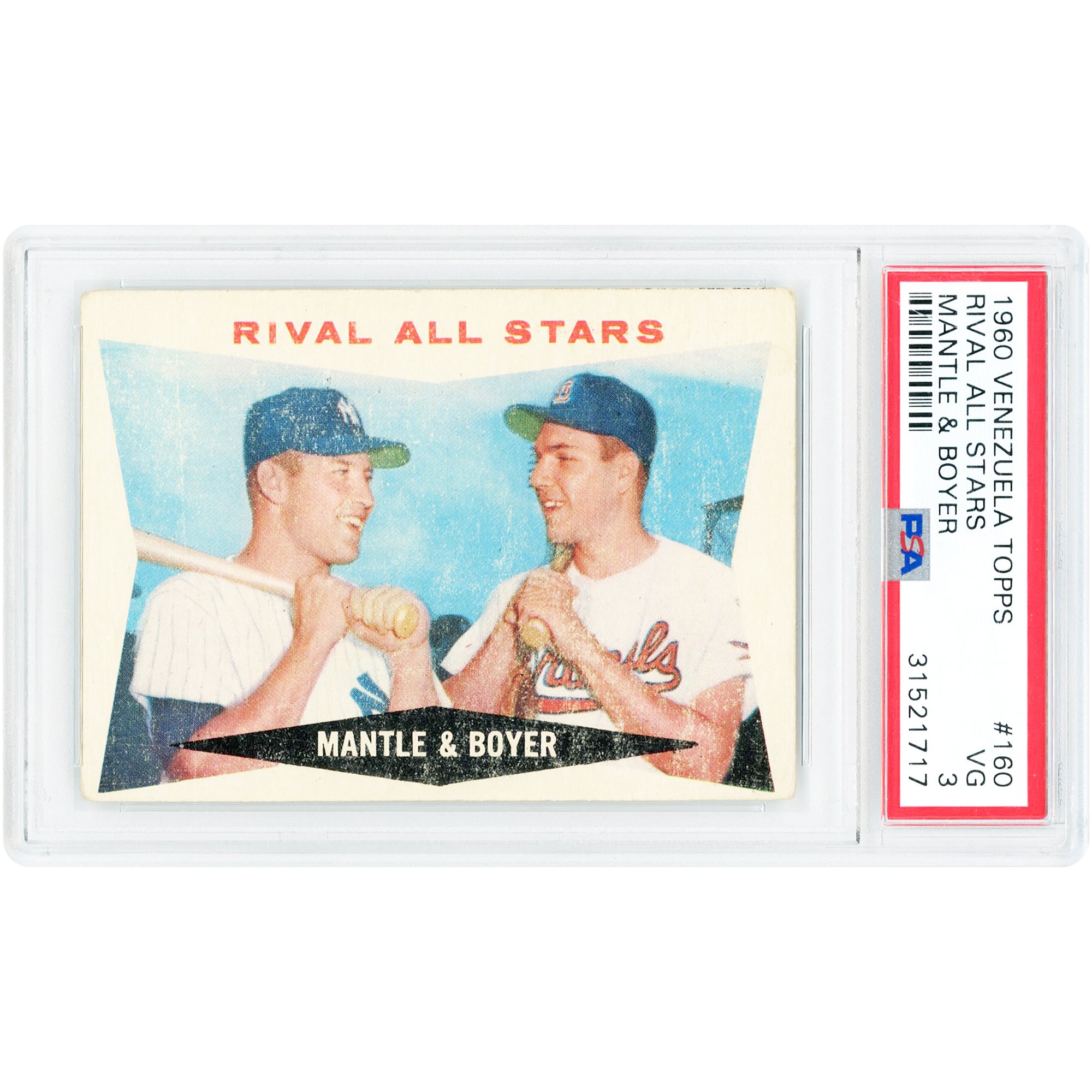 Carte authentifiée PSA n° 160 de Mickey Mantle et Ken Boyer (Venezuela, 1960)