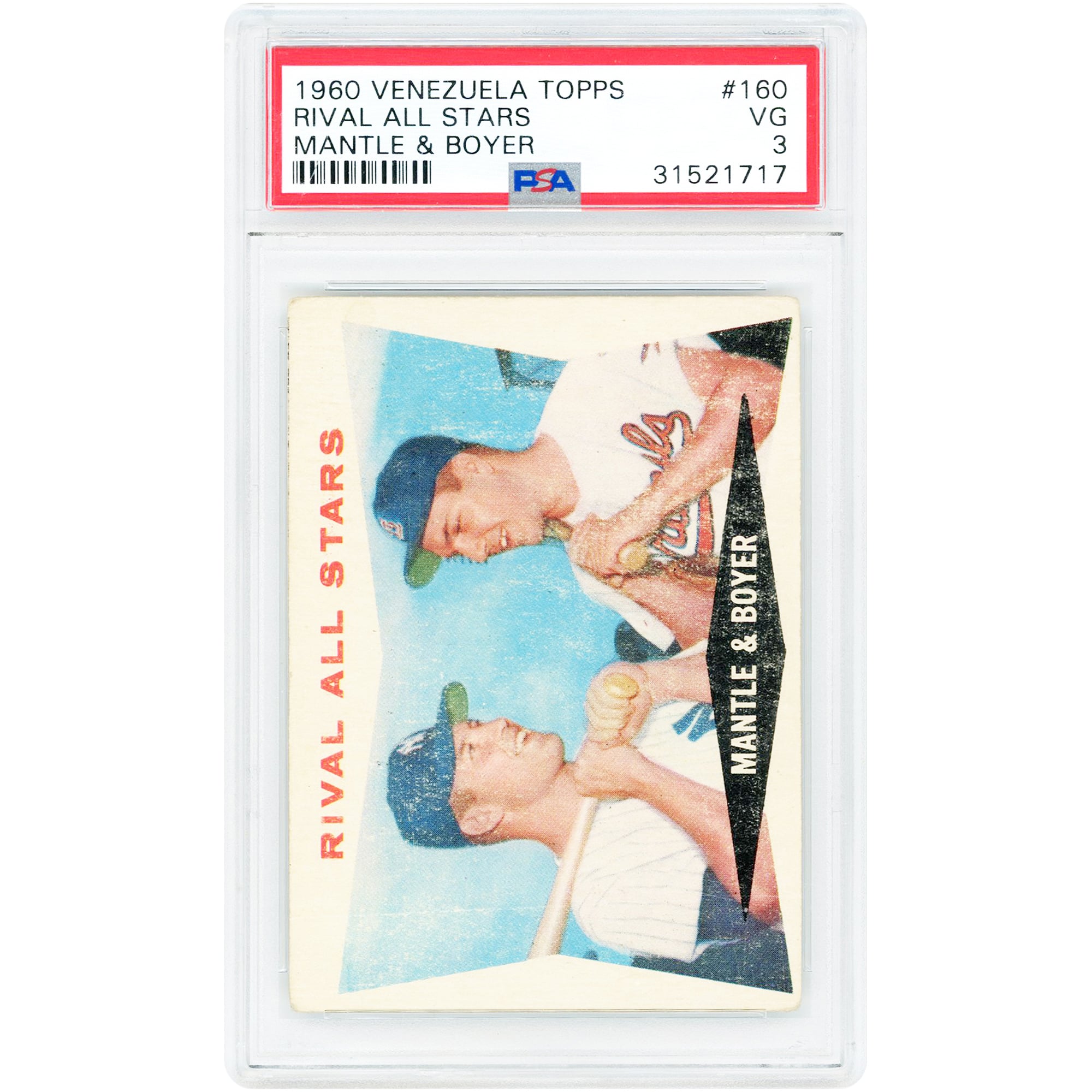 Carte authentifiée PSA n° 160 de Mickey Mantle et Ken Boyer (Venezuela, 1960)