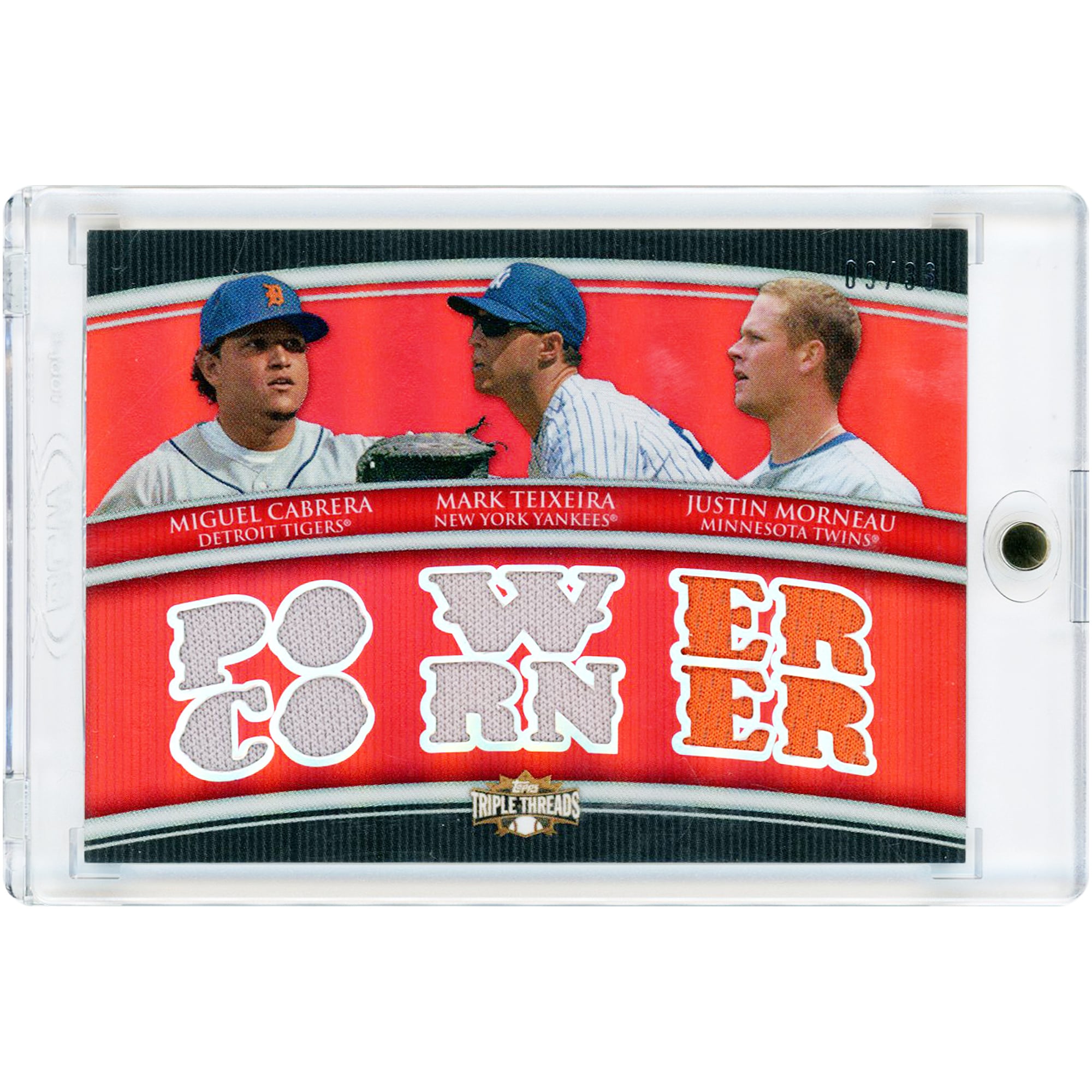 Miguel Cabrera, Mark Teixeira et Justin Morneau, carte Topps Triple Threads 2010, reliques de maillots bicolores portés en match, n° TTRC-7, n° 9/36