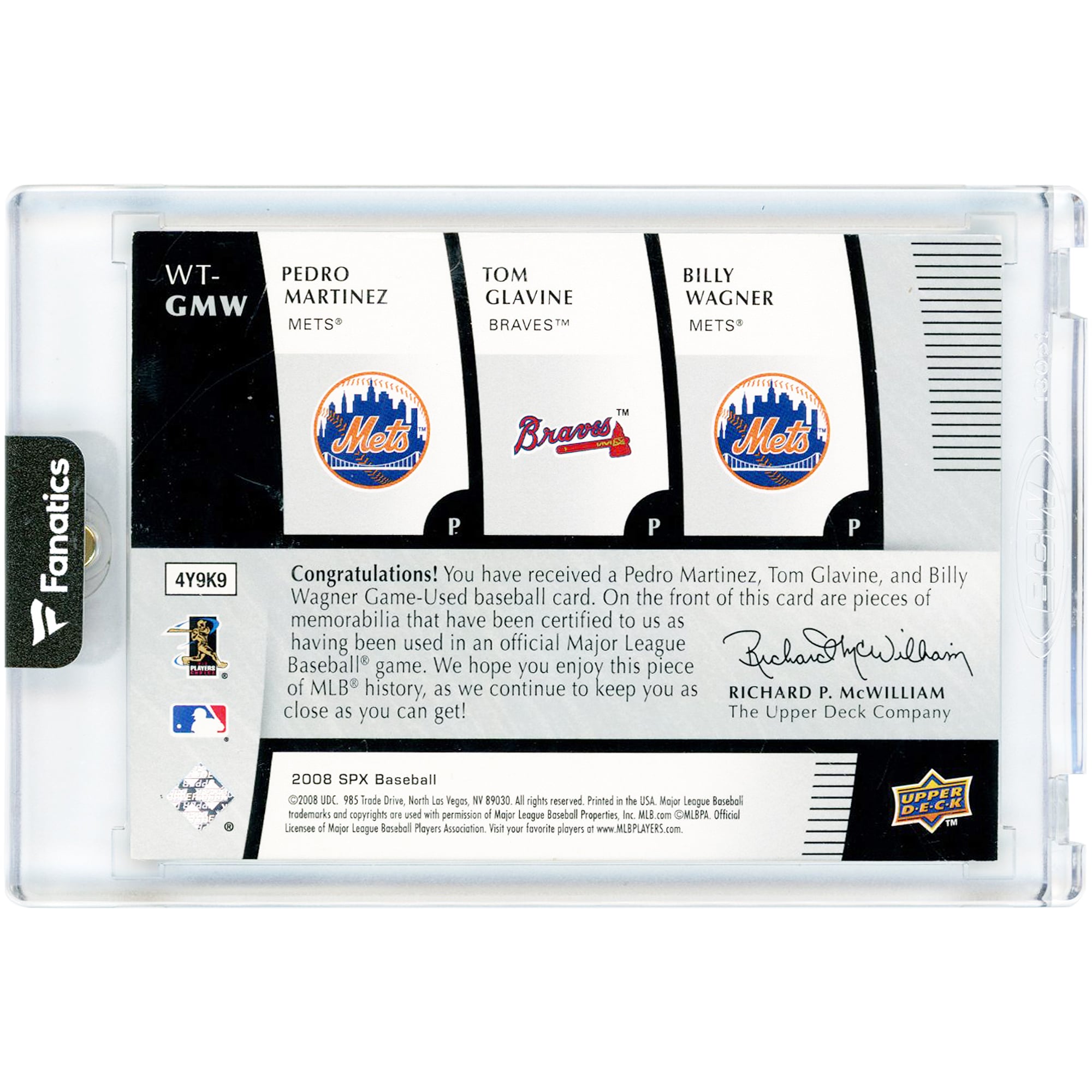 Pedro Martinez, Tom Glavine et Billy Wagner, carte Upper Deck SPx Winning Trios Triple 6 couleurs, reliques de maillots utilisés en match, 2008, n° WT-GMW, n° 23/25