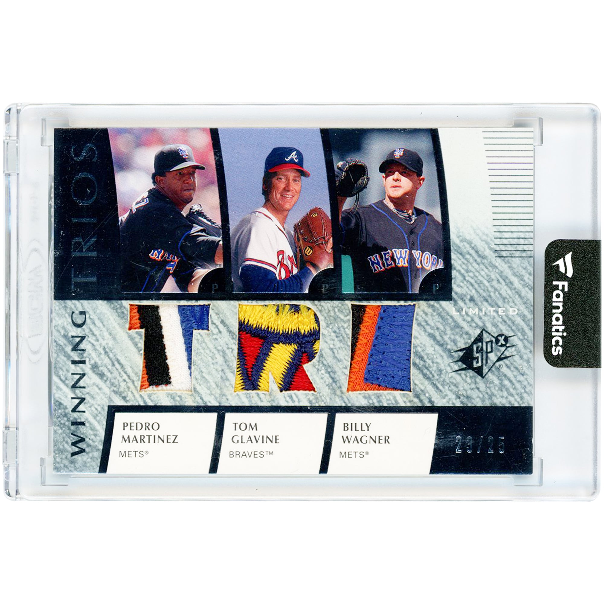 Pedro Martinez, Tom Glavine et Billy Wagner, carte Upper Deck SPx Winning Trios Triple 6 couleurs, reliques de maillots utilisés en match, 2008, n° WT-GMW, n° 23/25