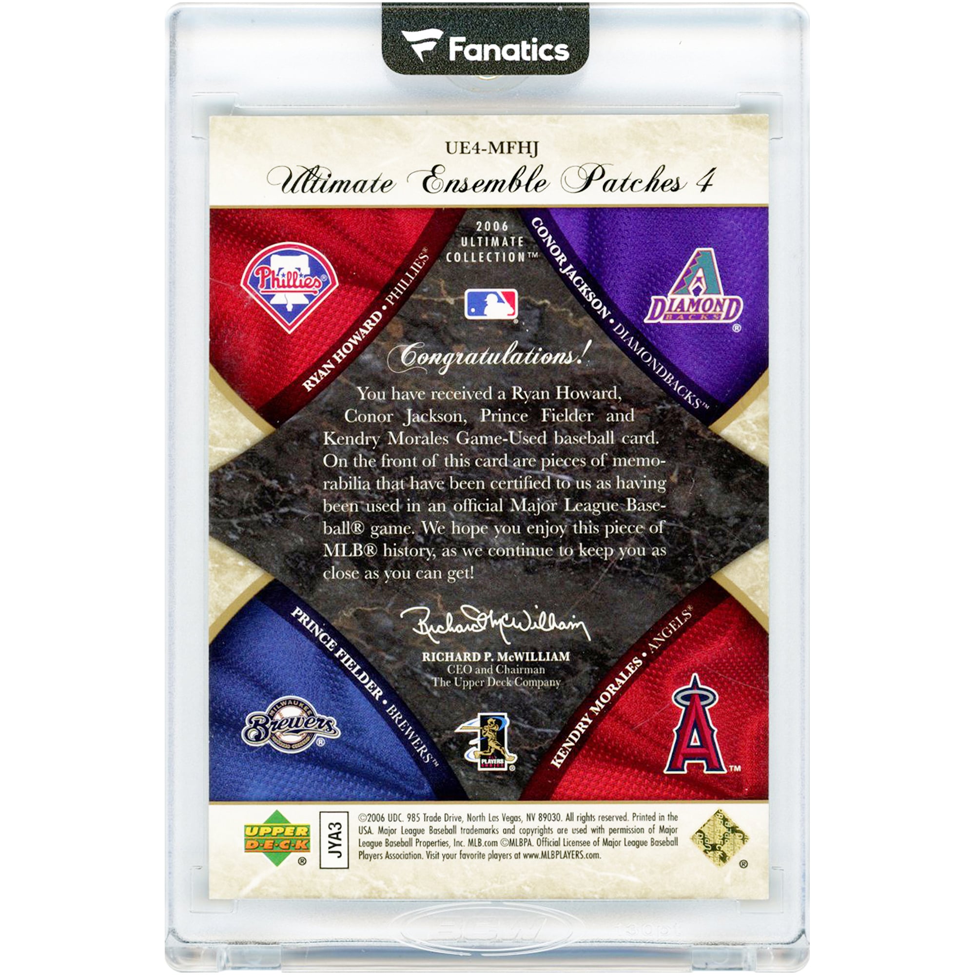 Ryan Howard, Connor Jackson, Prince Fielder et Kendry Morales, Collection Ultimate 2006 Upper Deck, Matériaux d'Ensemble, Quadruple de 6 couleurs, Reliques de maillots utilisés en match #UE4-MFHJ #6/15