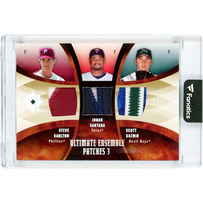 Steve Carlton, Johan Santana & Scott Kazmir 2007 Upper Deck Ultimate Collection Ultimate Ensemble Patches Triple 8 Color Game Used Jersey Relics #EP-CSK #3/15 Card