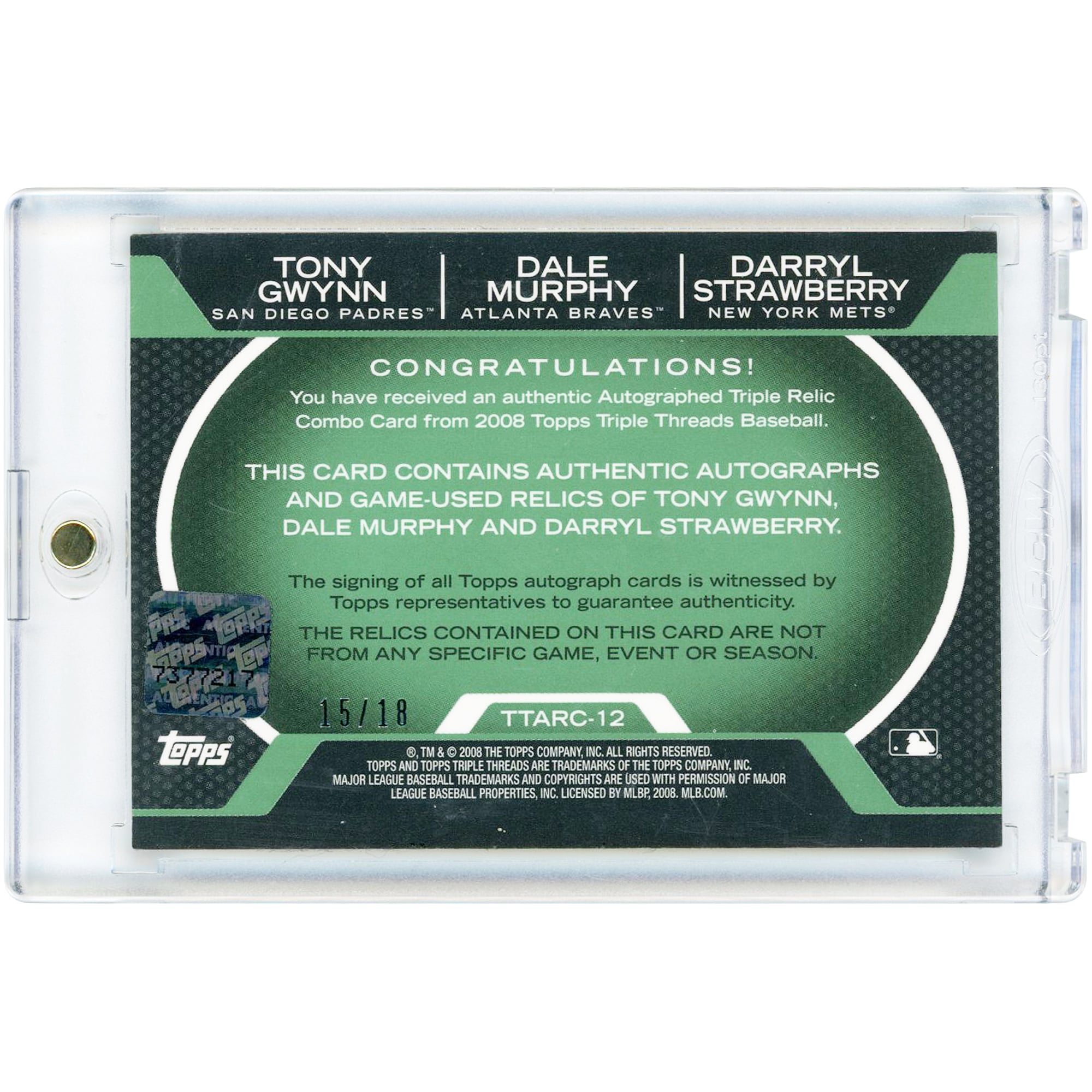 Tony Gwynn, Dale Murphy & Darryl Strawberry Autographed 2008 Topps Triple Threads Green Triple Bat/Jersey Game Used Relics #TTARC-12 #15/18 Card