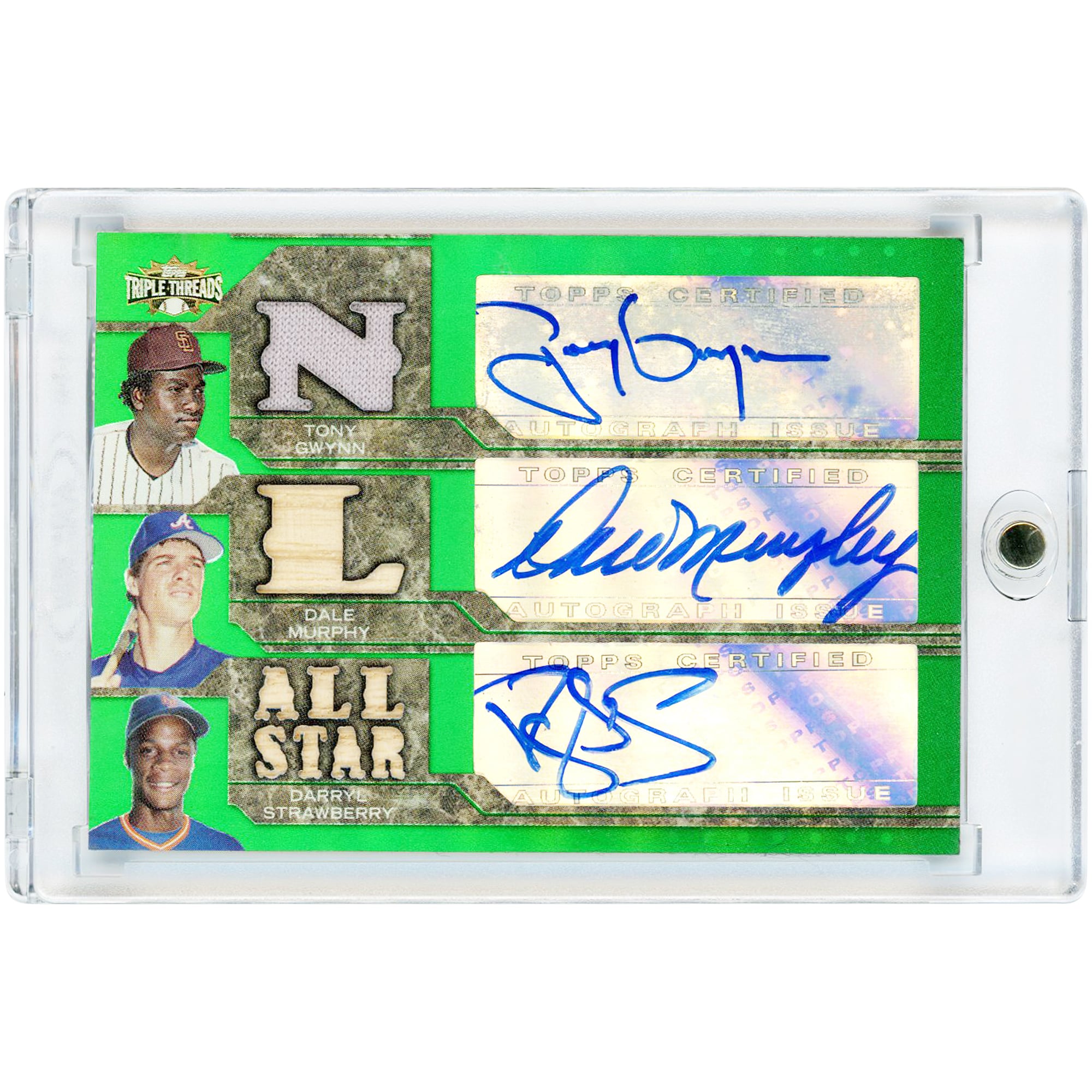 Tony Gwynn, Dale Murphy & Darryl Strawberry Autographed 2008 Topps Triple Threads Green Triple Bat/Jersey Game Used Relics #TTARC-12 #15/18 Card