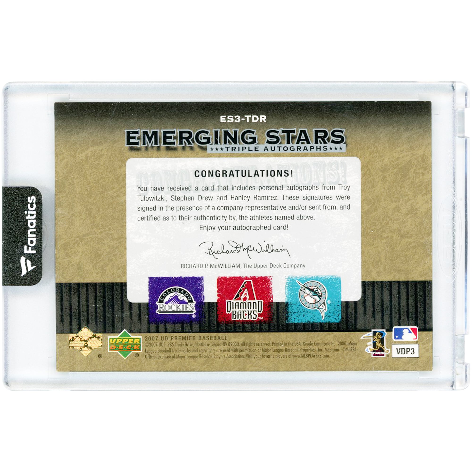 Carte autographiée 2007 Upper Deck Premier Emerging Stars #ES3-TDR #45/50 de Troy Tulowitzki, Stephen Drew et Hanley Ramirez