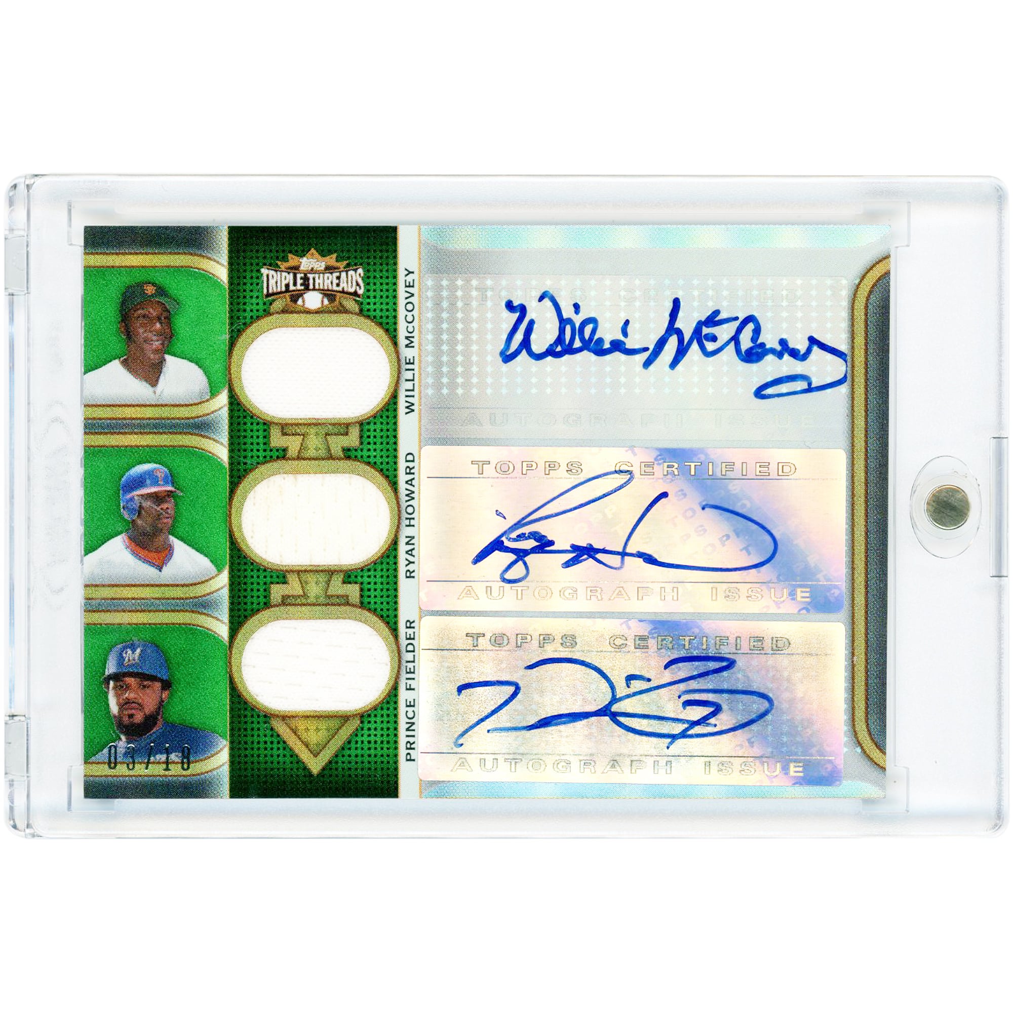 Carte 2011 Topps Triple Threads Triple Game Used Jersey Relics autographiée par Willie McCovey, Ryan Howard et Prince Fielder #TTARC-5 #3/18