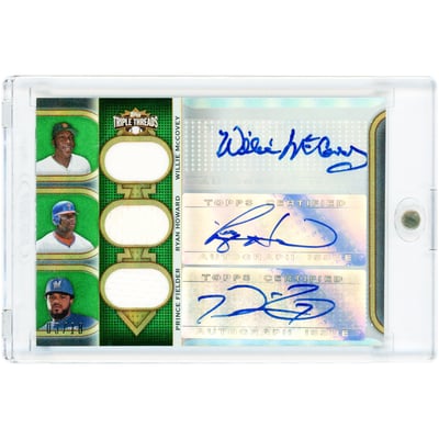 Willie McCovey, Ryan Howard & Prince Fielder Autographed 2011 Topps Triple Threads Triple Game Used Jersey Relics #TTARC-5 #3/18 Card