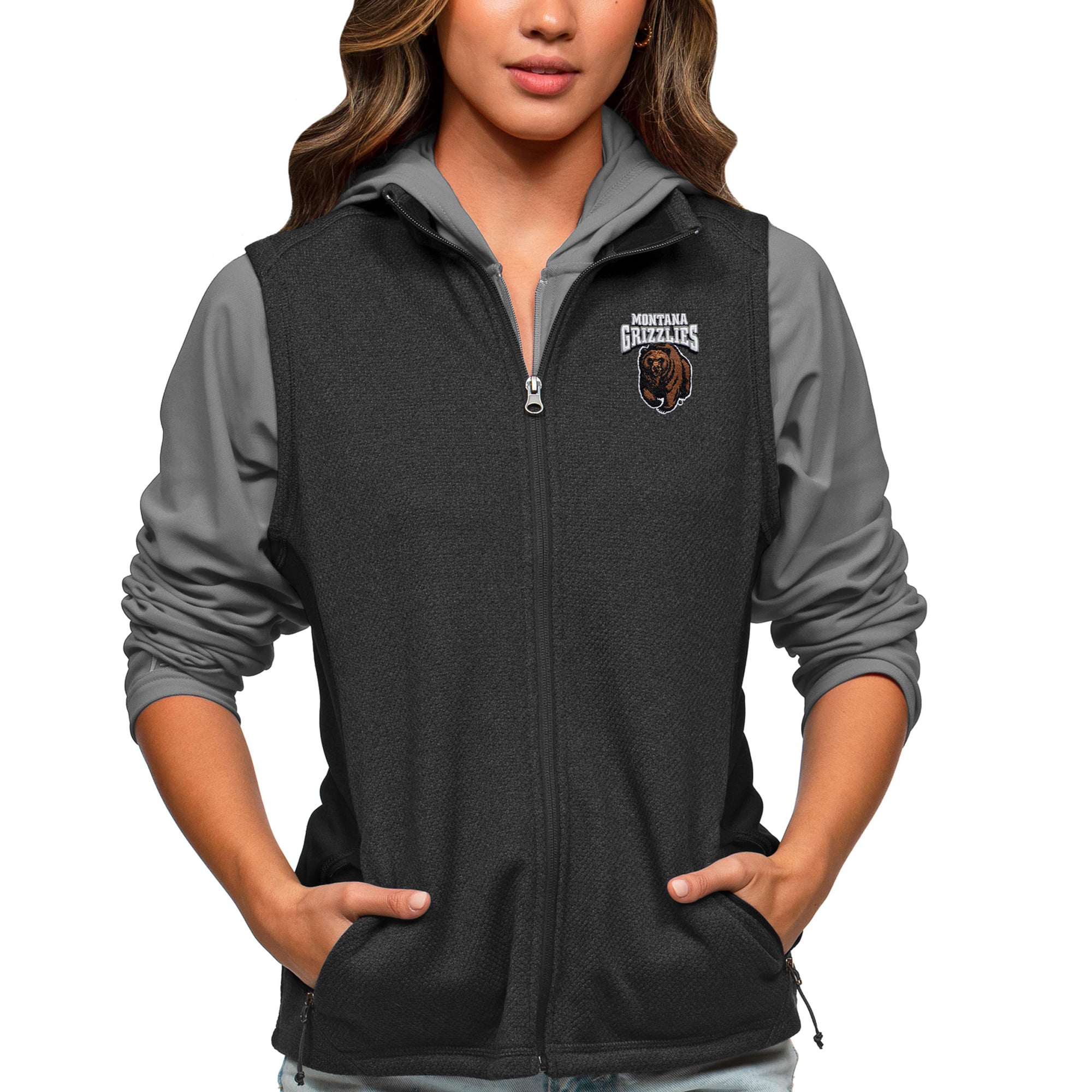Women's Antigua Heather Black Montana Grizzlies Course Full-Zip Vest
