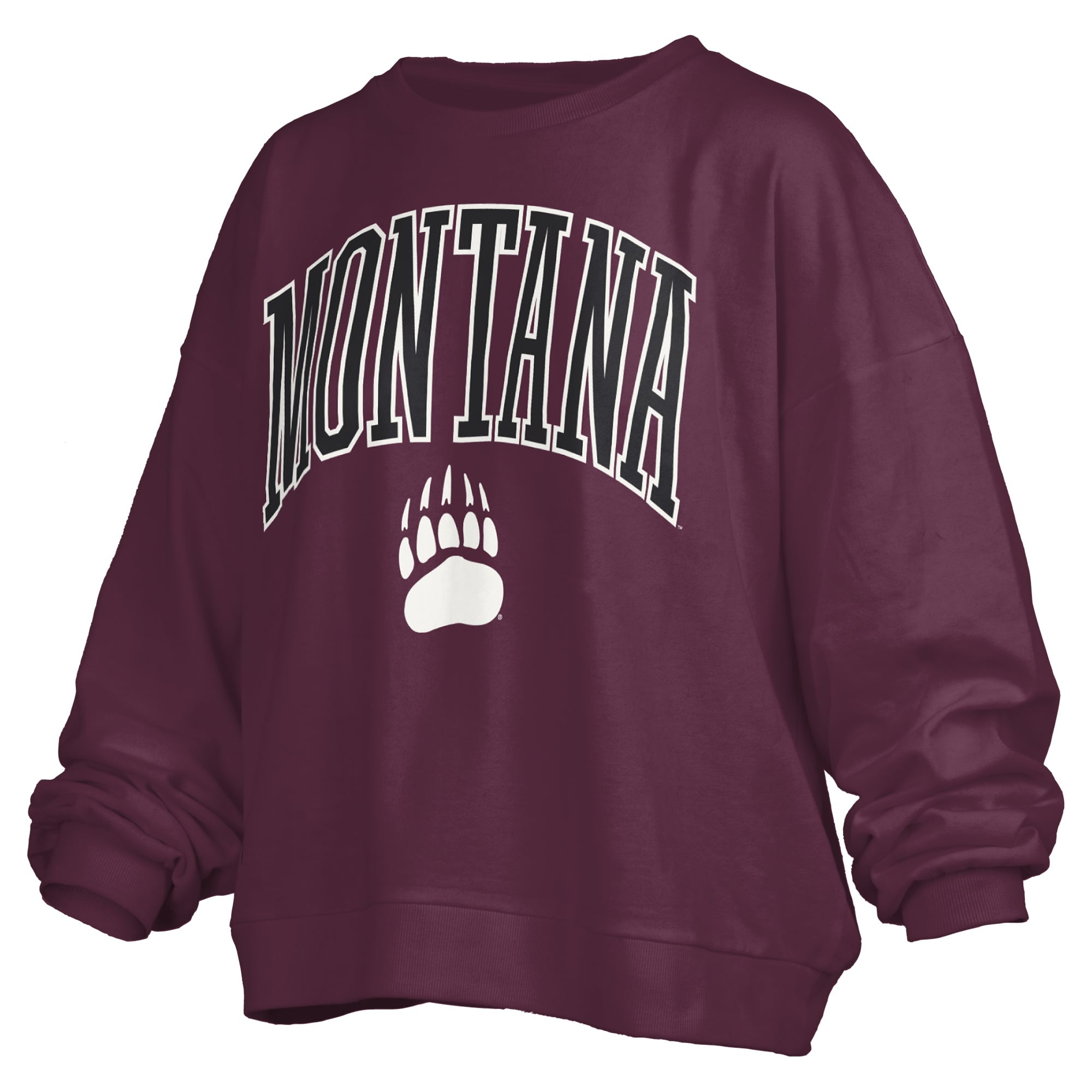 Women's Pressbox Maroon Montana Grizzlies Oversized Janise Arch Over Logo Fleece Sweatshirt