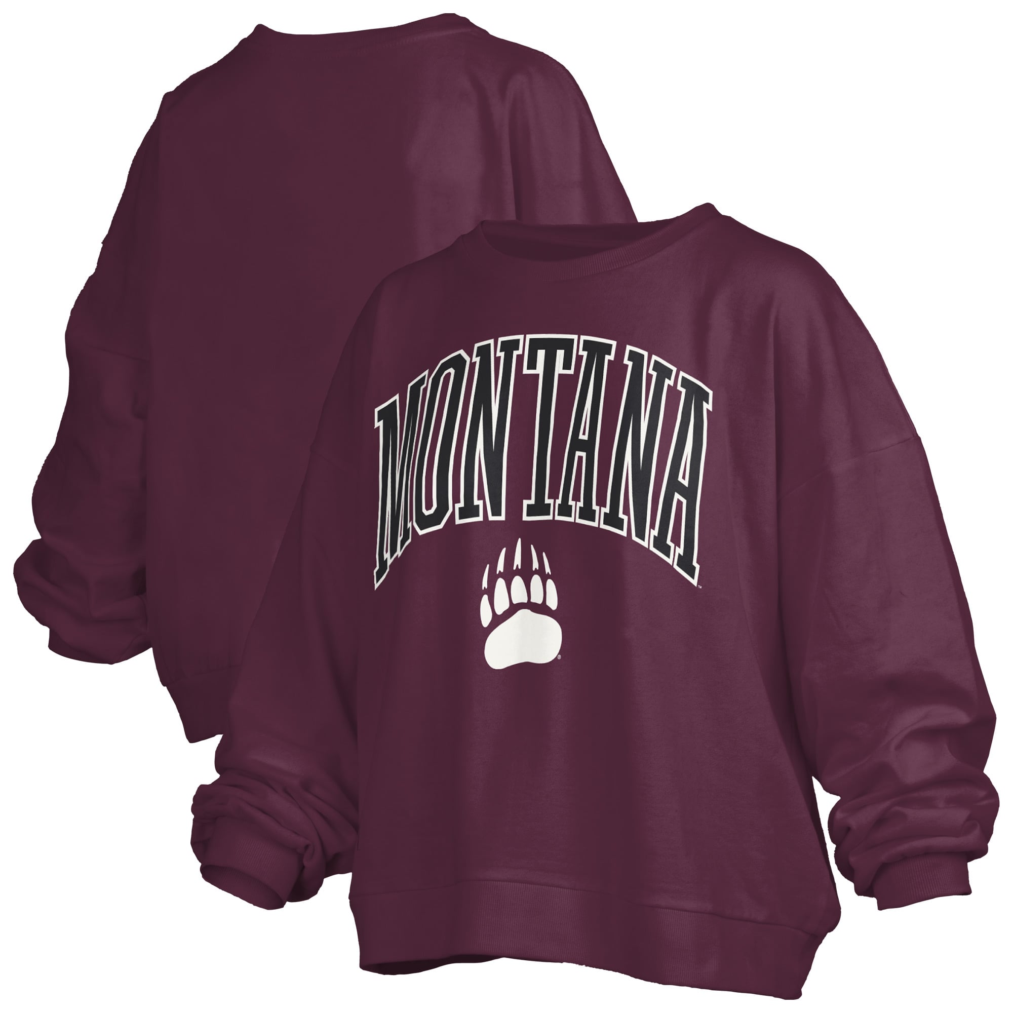 Women's Pressbox Maroon Montana Grizzlies Oversized Janise Arch Over Logo Fleece Sweatshirt