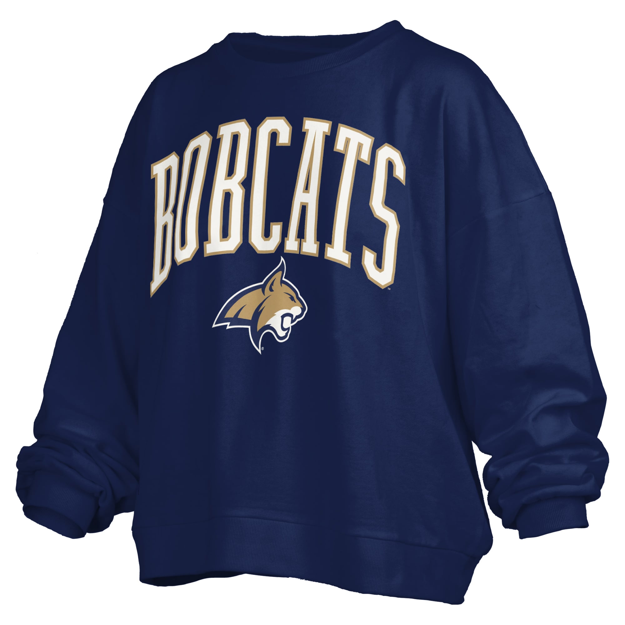 Women's Pressbox Navy Montana State Bobcats Oversized Janise Arch Over Logo Fleece Sweatshirt