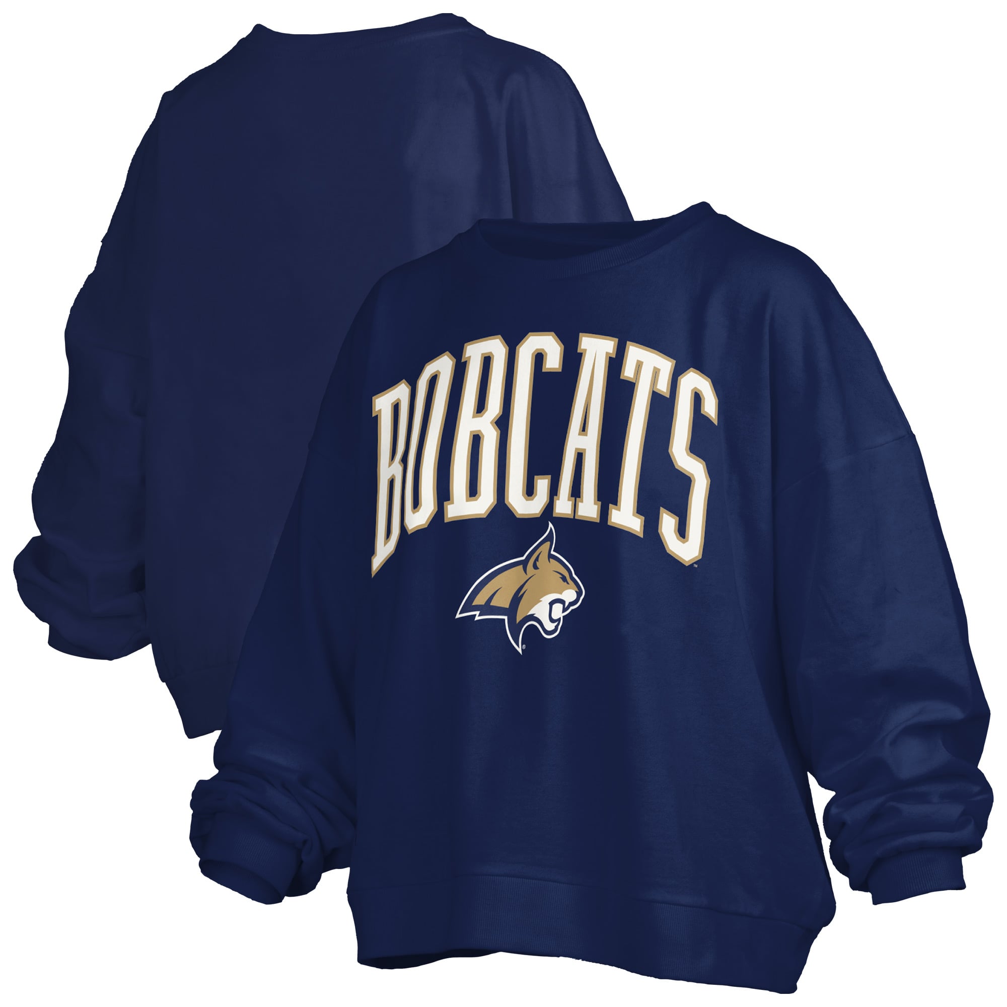 Women's Pressbox Navy Montana State Bobcats Oversized Janise Arch Over Logo Fleece Sweatshirt