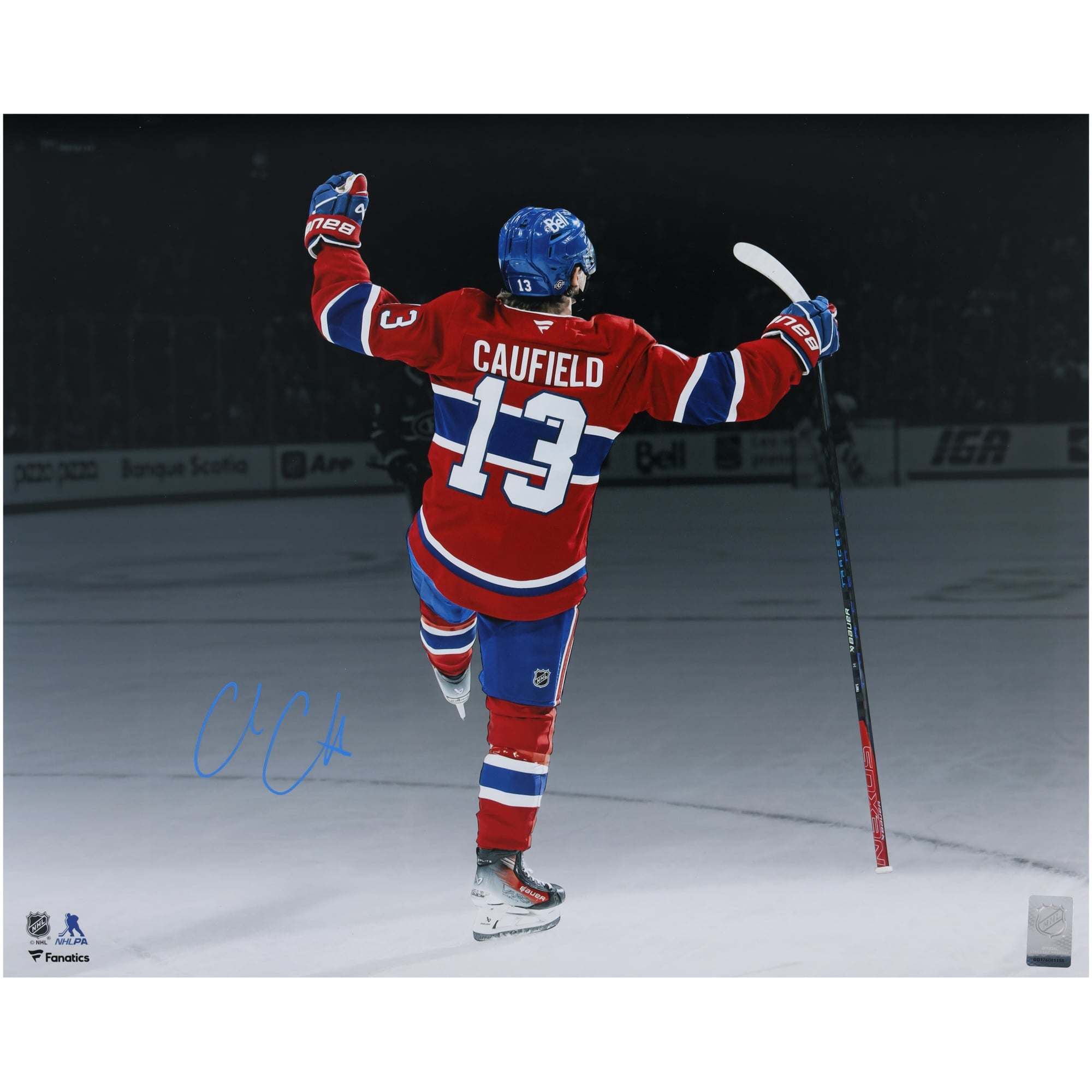 Cole Caufield Montreal Canadiens Autographed 16" x 20" Red Jersey Spotlight Celebration Photograph