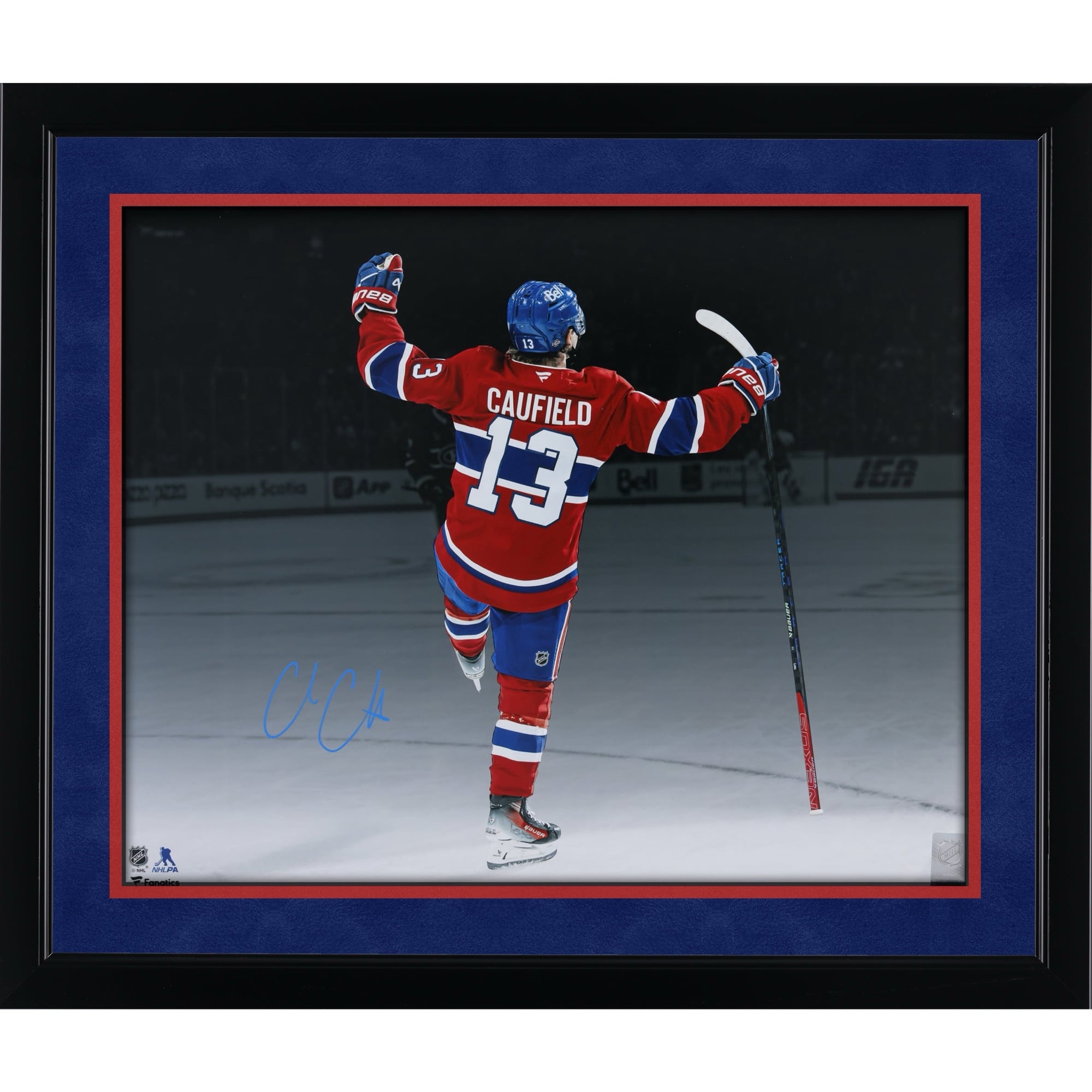 Cole Caufield Montreal Canadiens Autographed 16" x 20" Red Jersey Spotlight Celebration Photograph